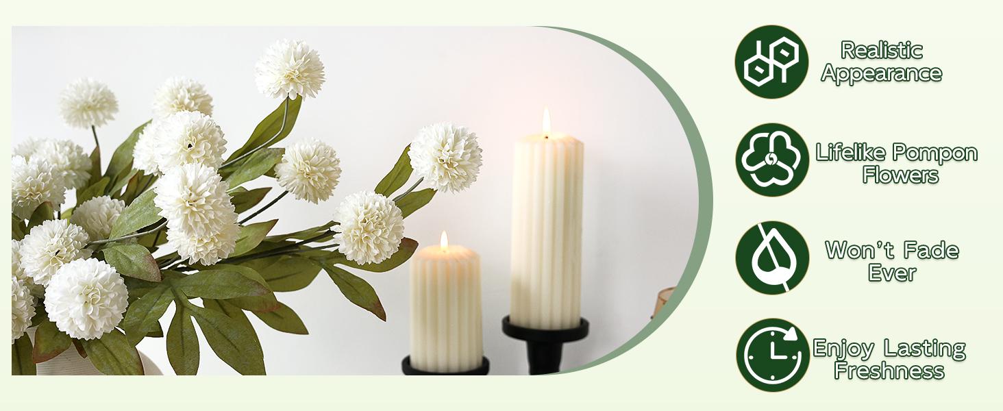 10-Pack Ultra Realistic Faux Silk Pompon Mum Artificial Flower Set - 50 Flowers Total, Diy Bouquet Ready, Full Bouquet Look, House Decor Home Accessory, Set Package for Table Centerpieces (Vase Not Included), Living Room Decorations