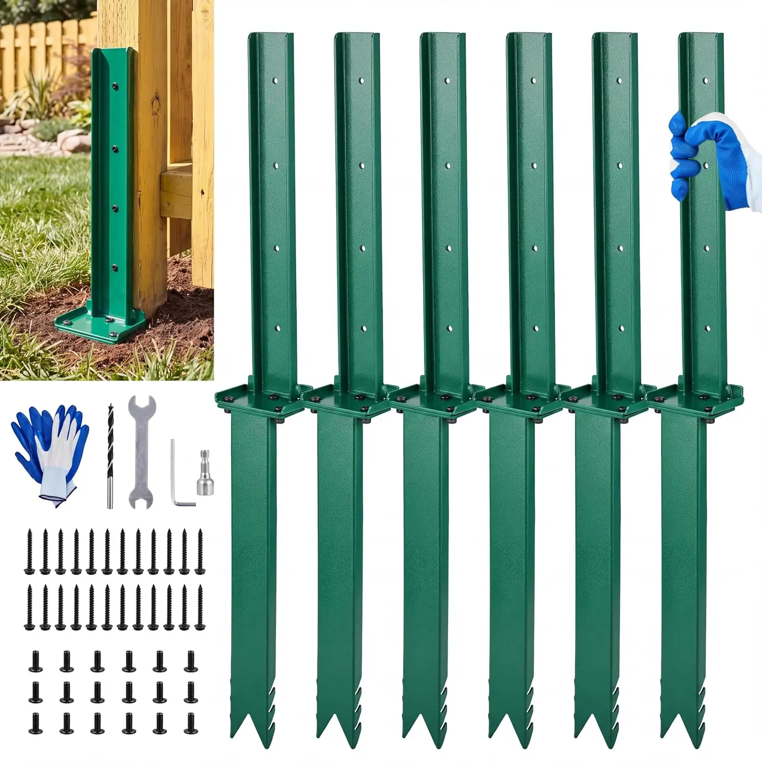6 PCS Fence Post Repair Kit, Heavy Duty Fence Post Repair Stakes, Easy to Install, 15.75" Deep in Ground, 10-Gauge Thickened Steel, Tools & Gloves, Quick Fix Broken/Leaning Wooden Posts, Green/Black