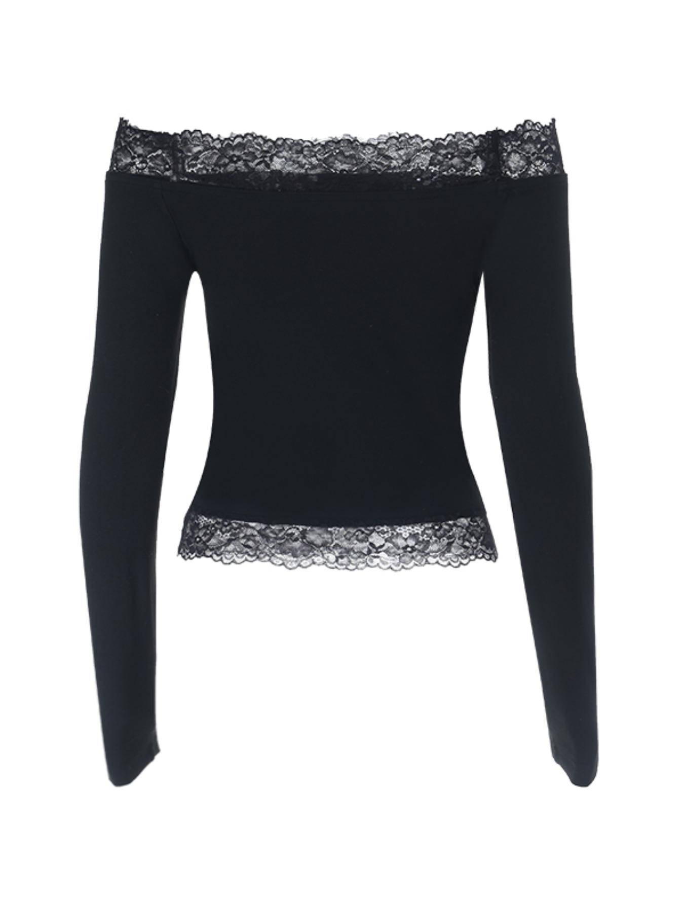 Women's Solid Lace Patchwork One Shoulder Long Sleeve T-Shirt, Sexy Fitted Casual Top, Perfect for Daily Wear Womenswear