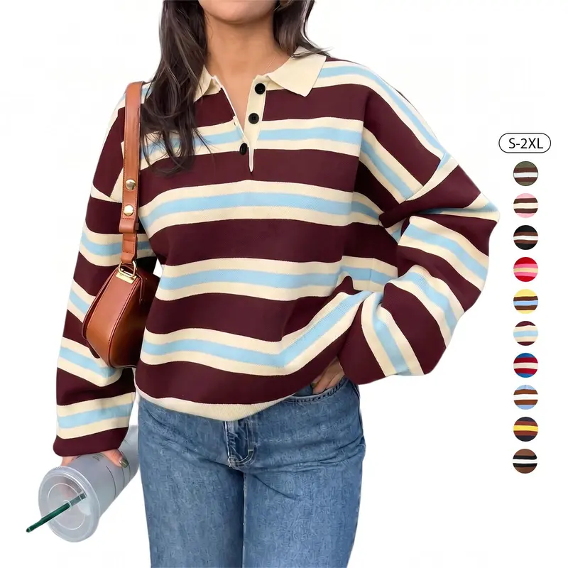 TANKANEO Women's Striped Color Block Polo Sweater, Casual Long Sleeve Fitted Collared Fall Pullover Top