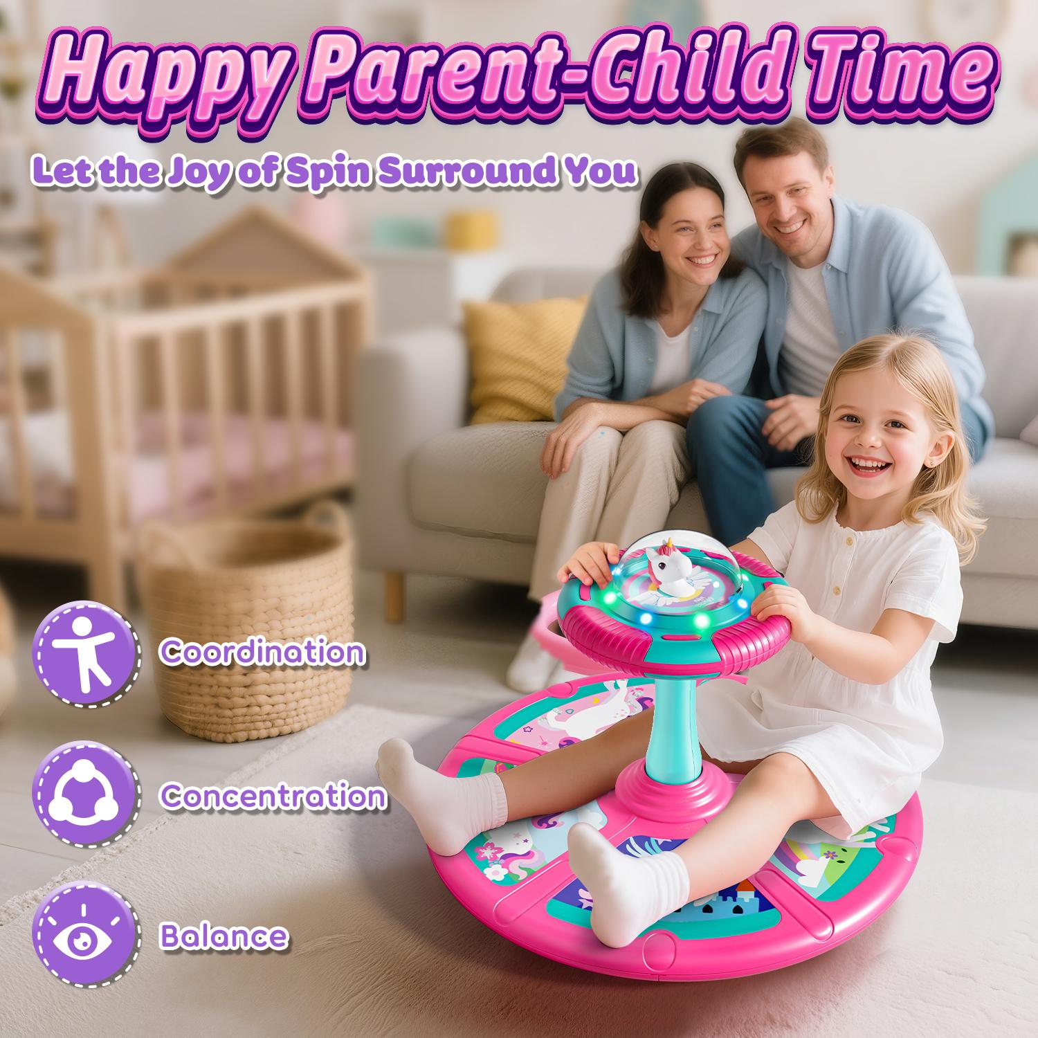 Lehoo Castle Unicorn Sit and Spin Toys, Children's Stress Reduction Toys, Sitting Spinning, Birthday Gift for Kids with LED Lights and Music, 360° Spin