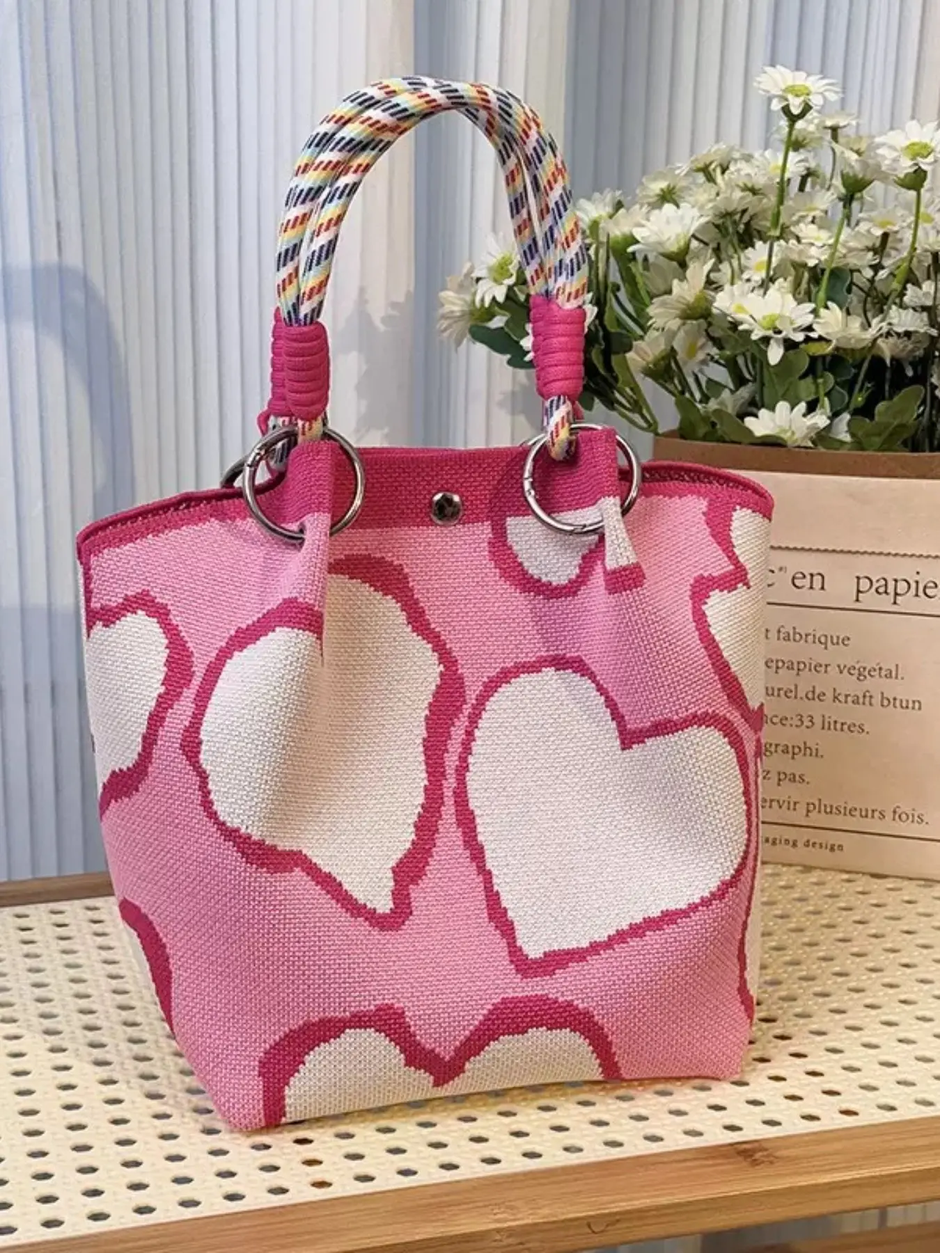 Fashion Heart Adorable Bohemian Woven Polyester Bucket Bag, Small Casual Handbag, Handmade Knitted Crochet Shoulder Bag, Lightweight Summer Beach Bag