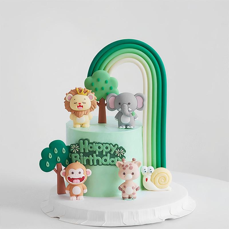 Birthday Cake Decorations, Forest Cute Series, Rainbow Animal Smiley Lion Elephant Monkey Snail Road Sign Insert, Home Ornament