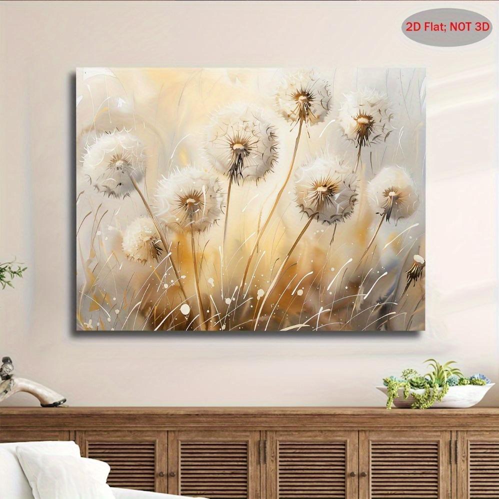 JIT 1PC ,Vintage-Inspired Dandelion Flowers Canvas Wall Art - Soft Beige  Golden Tones, Large  Framed Floral Painting, Ready to Hang for Bedroom, Living Room, Kitchen, Bathroom Decor - Perfect Holiday  Family Gift, Living Room Art