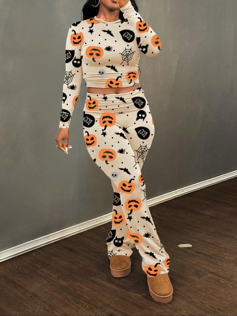 Women Halloween Two Piece Set Pumpkin Print Long Sleeve Crop Top Flare Pants Outfit Ghost Bat Spider Web Design Holiday Party Clubwear Casual Fall Festival Look Comfortable Fashion Matching Set Halloween Costume