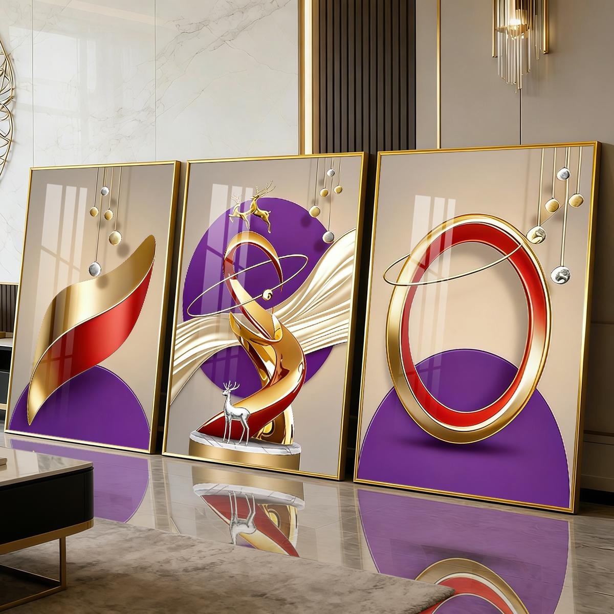 3 Counts Aluminum Alloy Framed Painting, Abstract Golden And Red Geometric Shapes With Deer Pictures, Home Decoration For Living Room, Bedroom, Office, Restaurant, Hallway Wall Decor, Odorless Print Artwork, Luxury Perfect Gift For Friends And Family