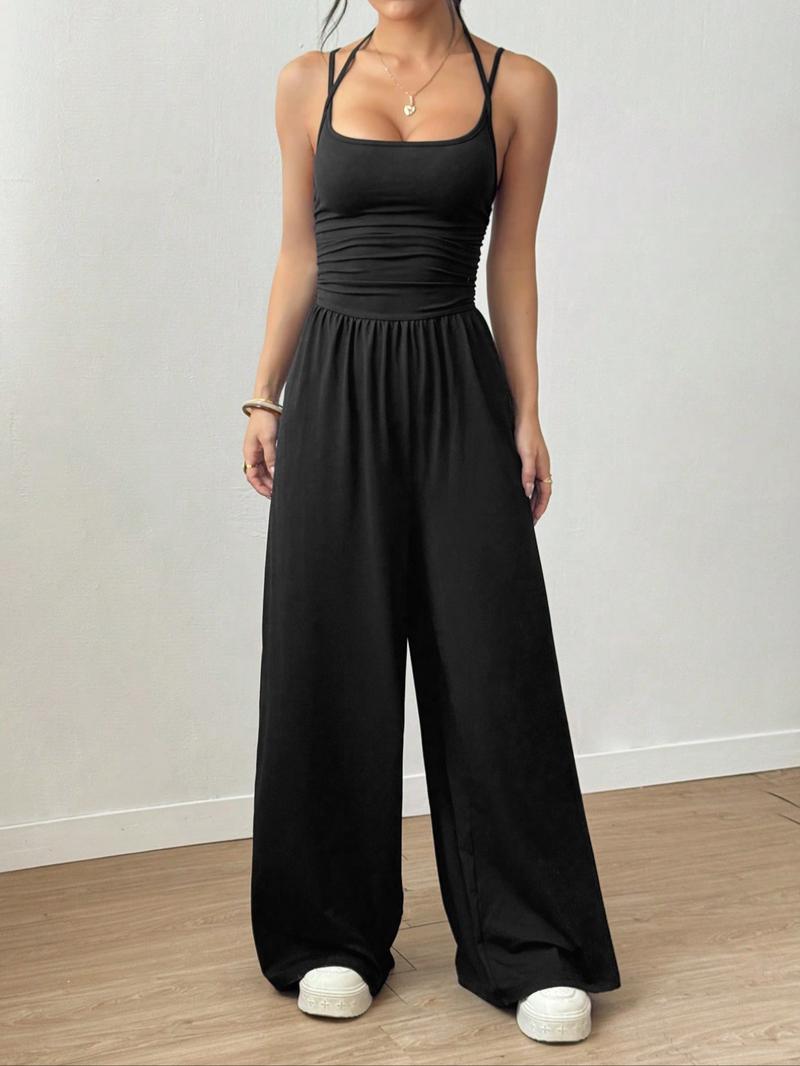 Women's Sexy Backless Jumpsuit, Spaghetti Strap Design, Smocked Bodice, Elegant One-Piece Romper, Ideal for Party Wear