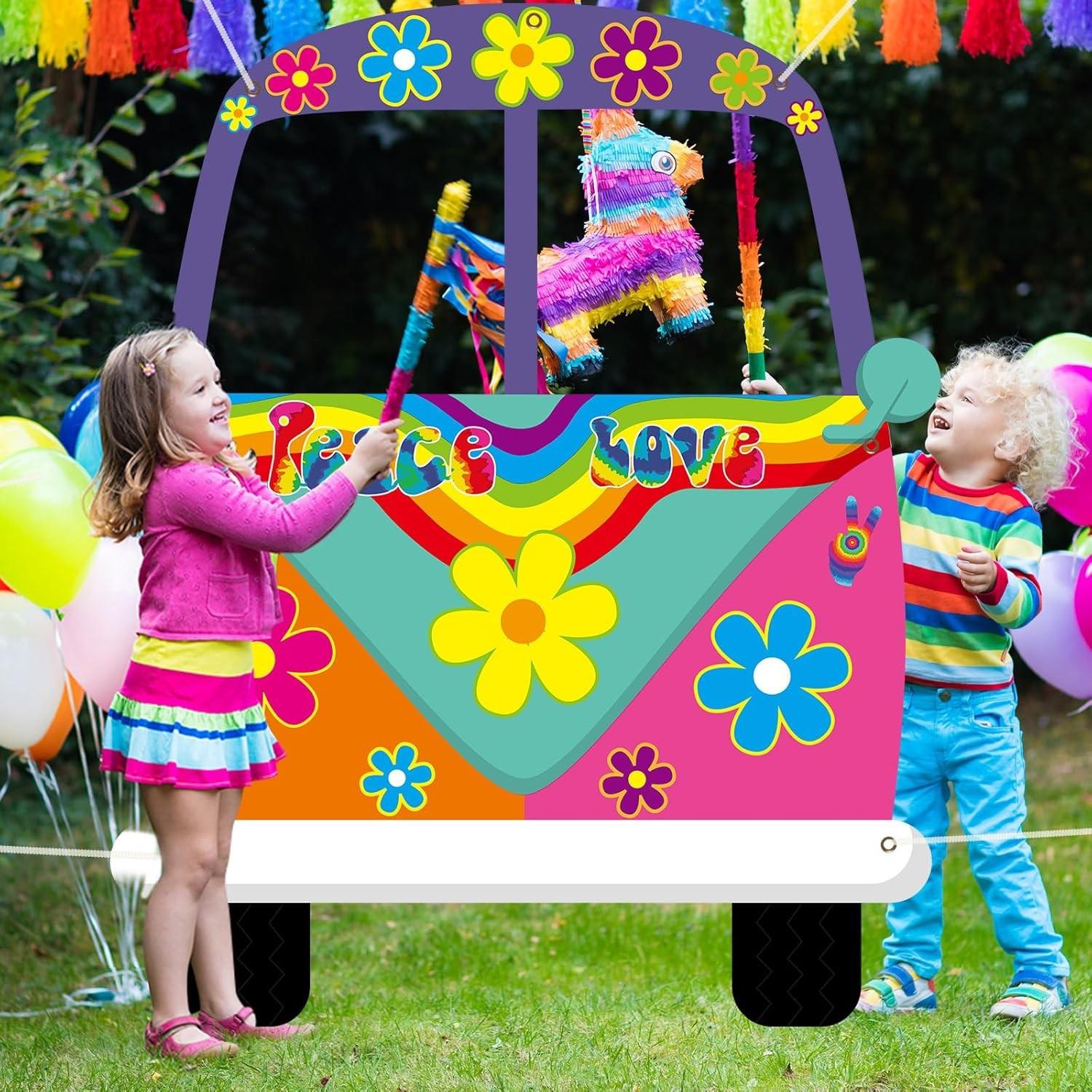 Large Hippie Bus Shaped Photo Prop 60s Party Decor 60's Retro Groovy Van Prop Fabric Hippie Selfie Frame Backdrop Background Banner Birthday Party Supplies Retro 60s 70s Party Favors 59 x 48.6Inch