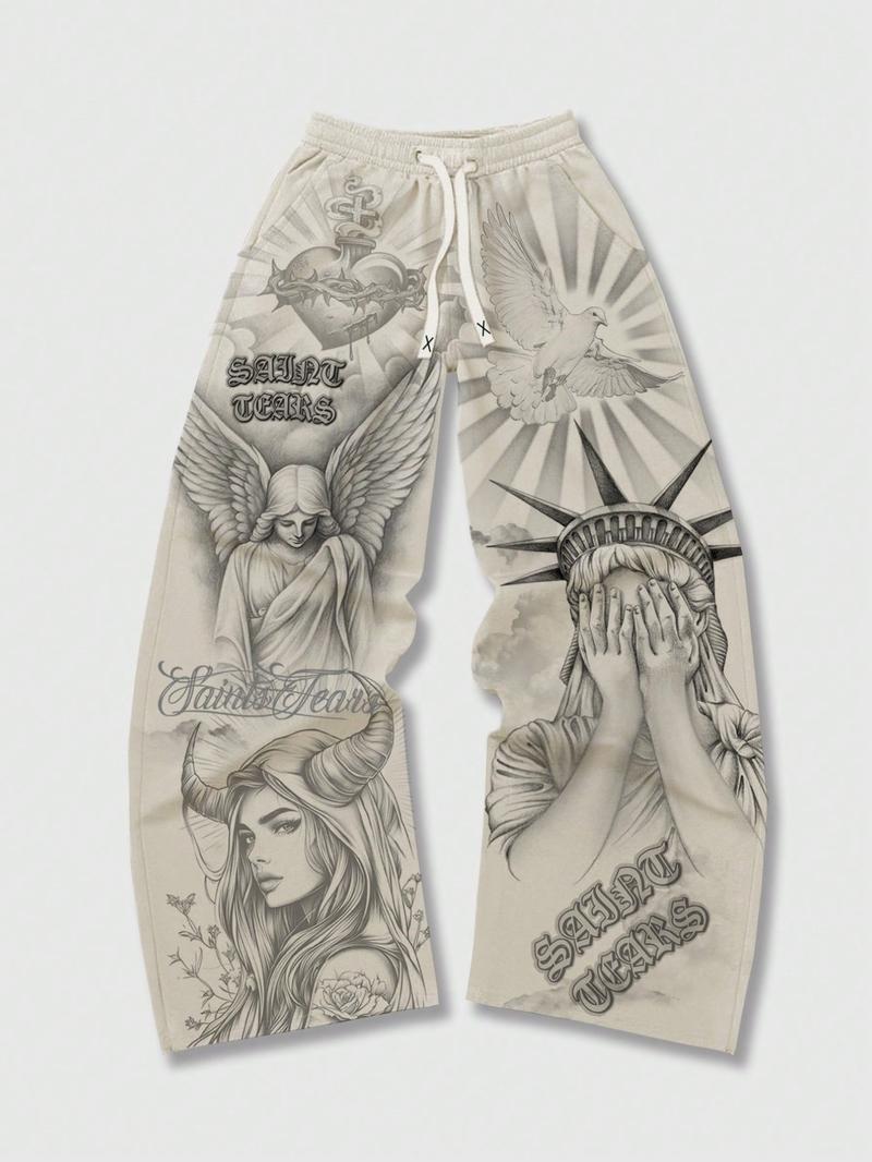 Street Life men's casual wide leg religious style pants, unisex apricot casual sweatpants, Angel Sacred Heart Saint print autumn and winter sports pants, Athleisure Style Bottoms