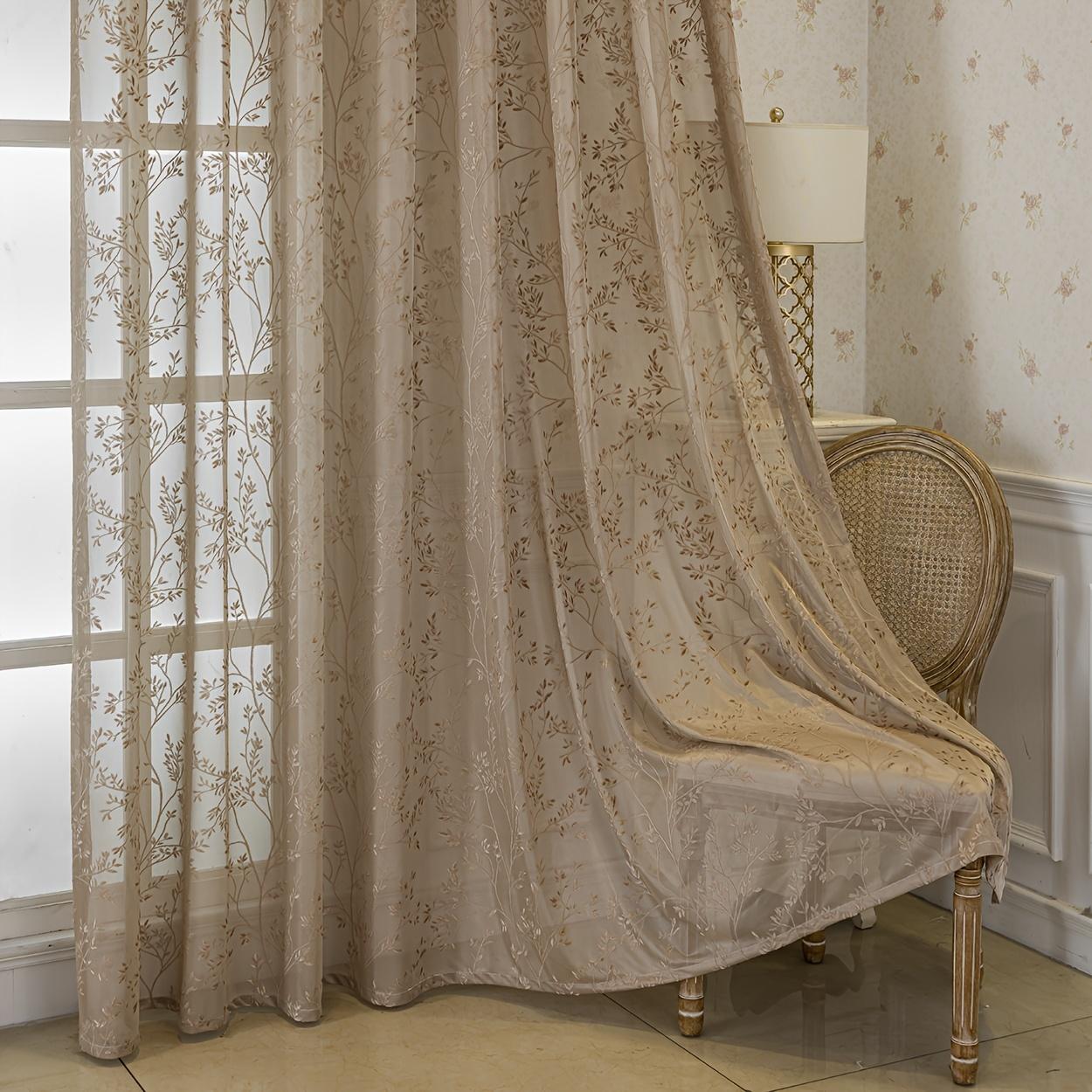 Vintage Bohemian Plant Jacquard Semi-Transparent Curtain, with Hanging Holes, Suitable for Bedroom, Living Room, Balcony, Room Divider