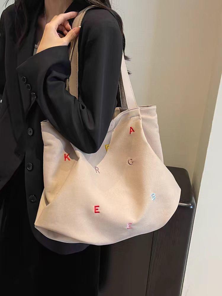 Women's Large Capacity Canvas Tote Bag, Trendy Embroidered Letter Shoulder Bag, Fresh Style Handbag for Students