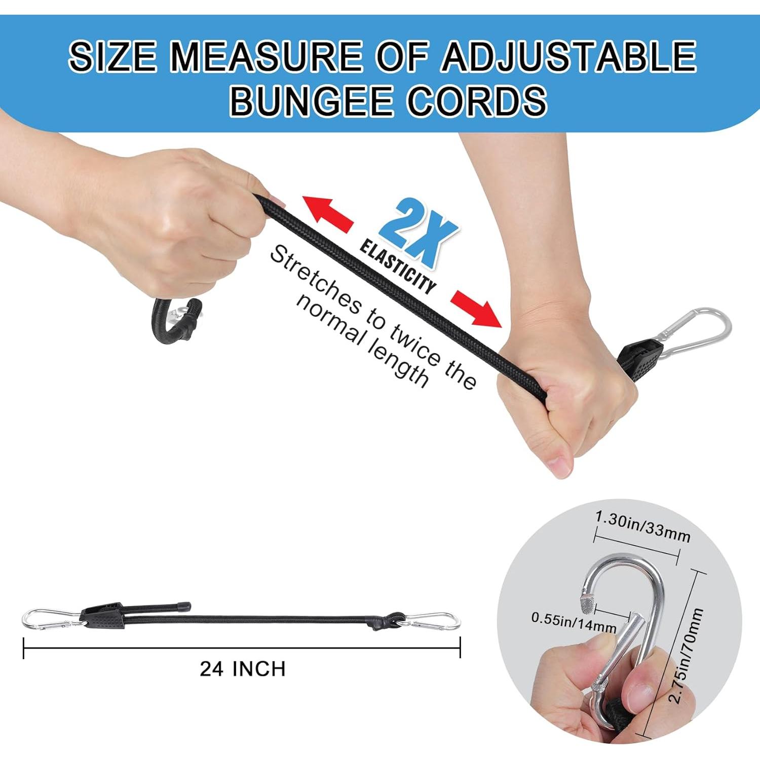 Adjustable Bungee Cords with Hooks Heavy Duty Elastic Cords with Clips Carabiner Bungee Cord Elastic Ropes for Outdoor, (4, Black, 24")