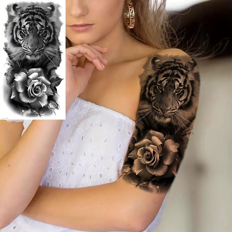 8pcs Half Arm Sleeve Skull & Rose,Animal Pattern Temporary Tattoo Sticker,Body Art Sticker For Women & Men