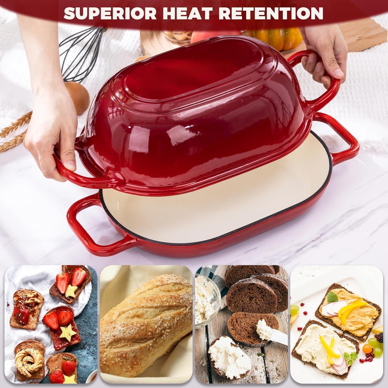Oval Dutch Oven for Bread Baking, 12 x 8 Inch Cast Iron Bread Oven for homemade bread, Sourdough Dutch Oven Bread baking Pan for a Crispy Crust, 5QT, Cherry