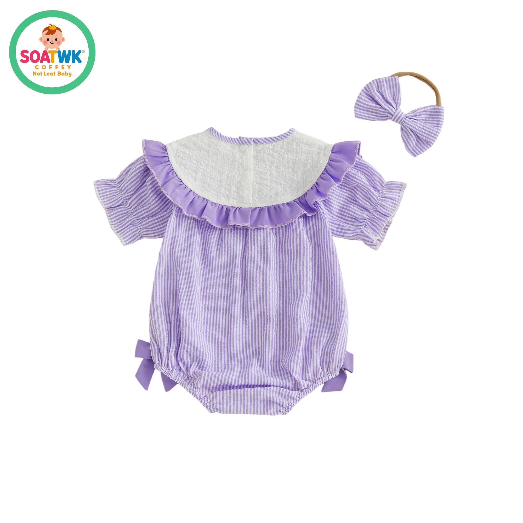 Baby Girl Summer Outfit Striped Letter Embroidered Puff Sleeve Bubble Romper and Bow Headband 2 Piece Set