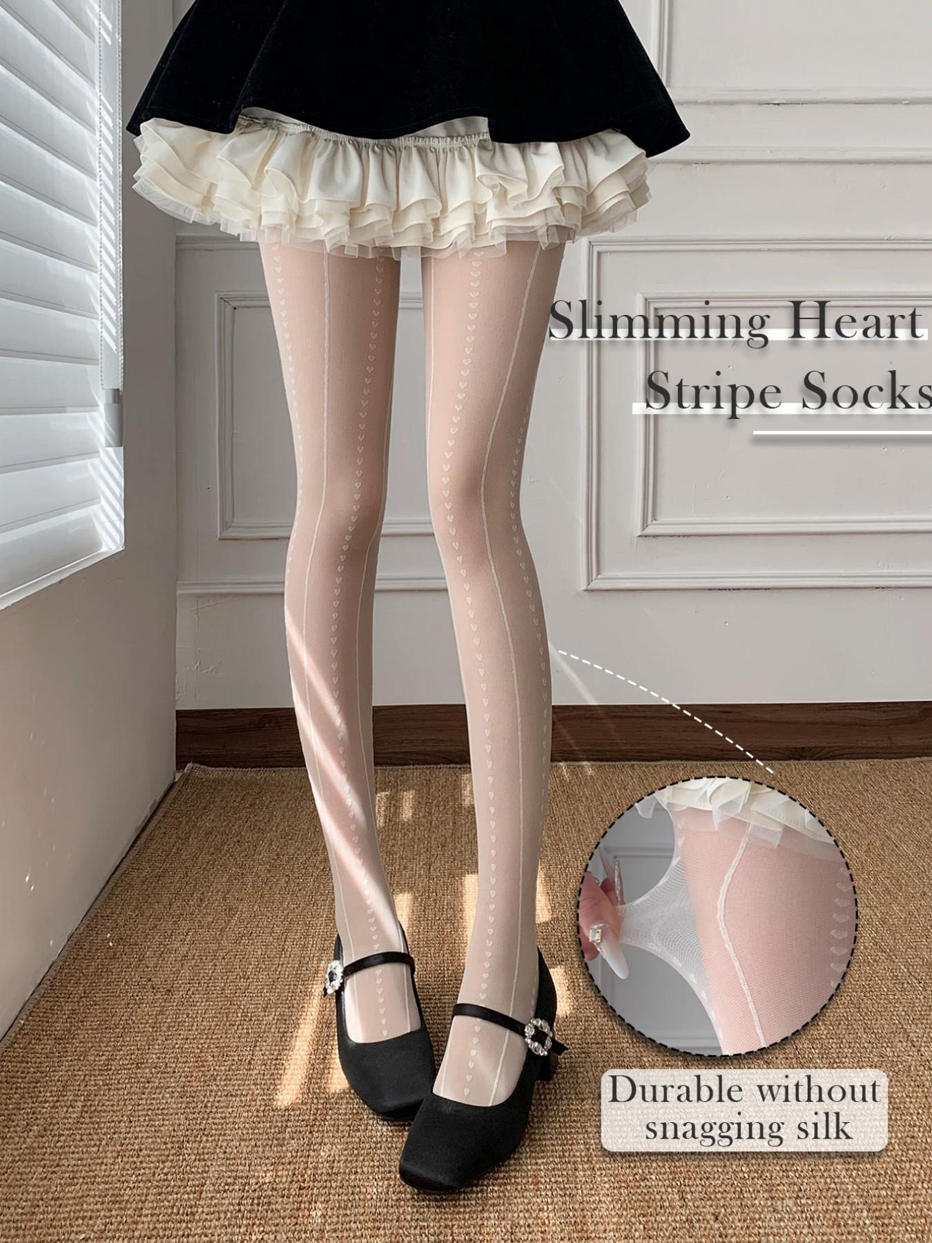 Slimming Heart Vertical Stripe Sheer Pantyhose, Vintage Vertical Stripe Stockings, Anti-Pick High Elastic Long Tube Socks Y2K Girl