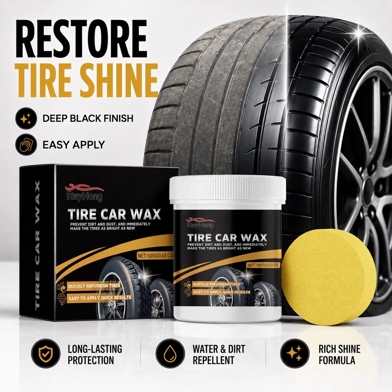 Tire Polish and Shine Restorer Paste for Car Tires Retreading Cleaning Cream with Beeswax Deep Gloss Long Lasting Protection Daily Tire Maintenance