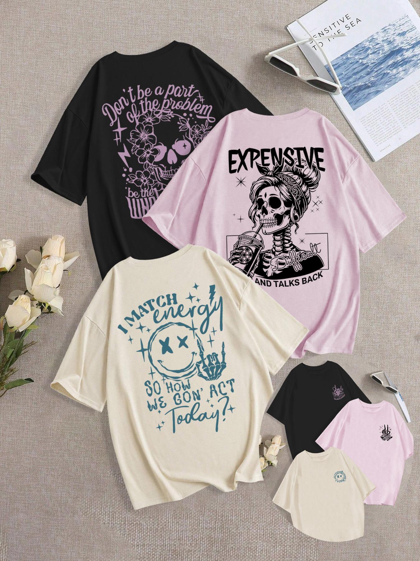Breathable Soft Casual Streetwear Loose-Fit Round Neck Skull Girl Print Knit T-Shirt Set, Summer Fashion Comfortable Versatile Everyday Graphic Top, Pack of 3, Casual Everyday Tops