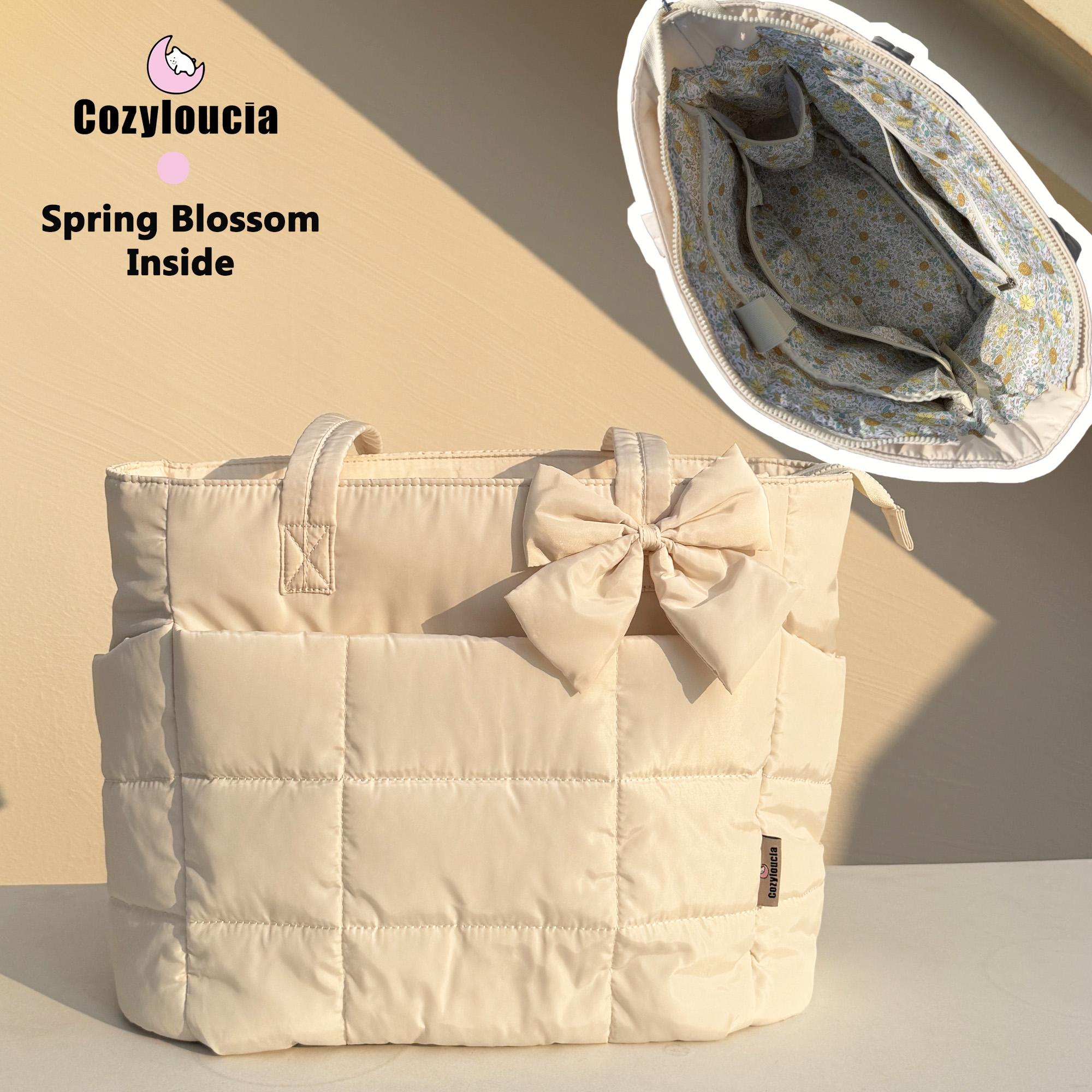 CozyLoucia Cute Puffer Tote Bag for Women Pink Flower Print Interior Laptop Shoulder Handbag, Lightweight Best Tote Bag for Work with Multiple Compartments for Travel , Work  and School ,Christmas Gift Ideas