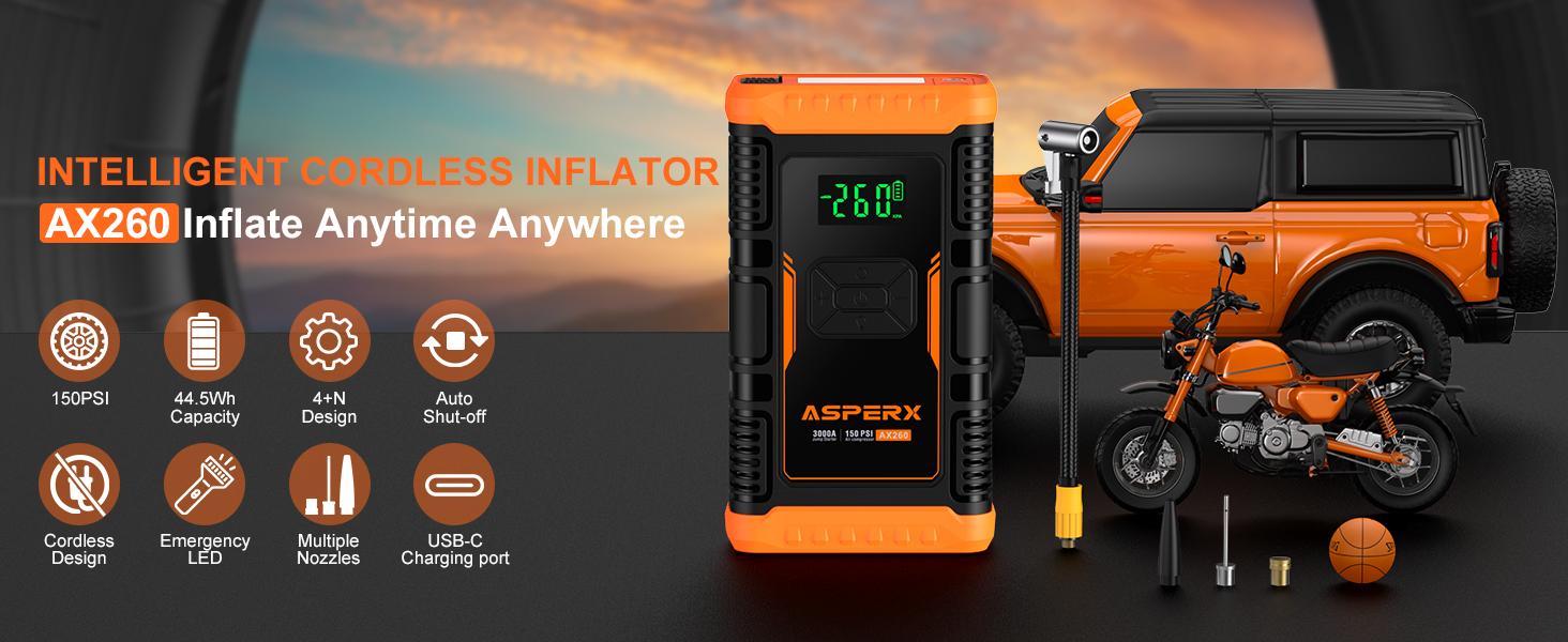 AsperX AX260 Jump Starter with Air Compressor, 3000A/150PSI  Car Battery Jump Starter, 12V Jumper Box Portable with Tire Inflator for Truck, Vehicle