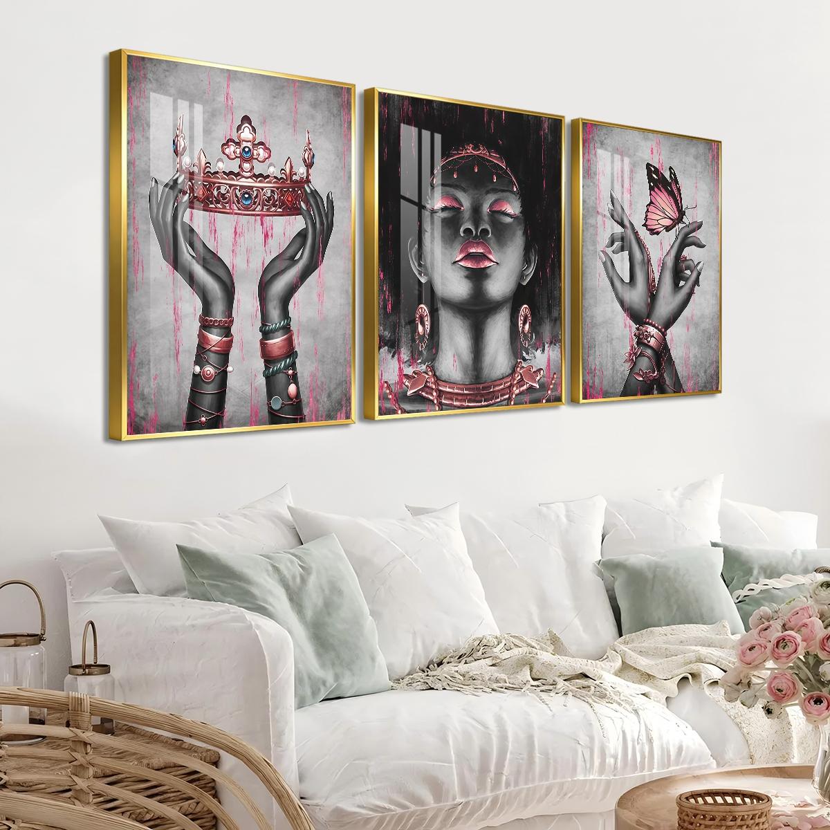 3 Counts Aluminum Alloy Framed Painting, Elegant Black And Pink Crown Butterfly Lady Artwork, Home Decoration For Living Room, Bedroom, Office, Restaurant, Hallway Wall Decor, Odorless Print Artwork, Luxury Perfect Gift For Friends And Family