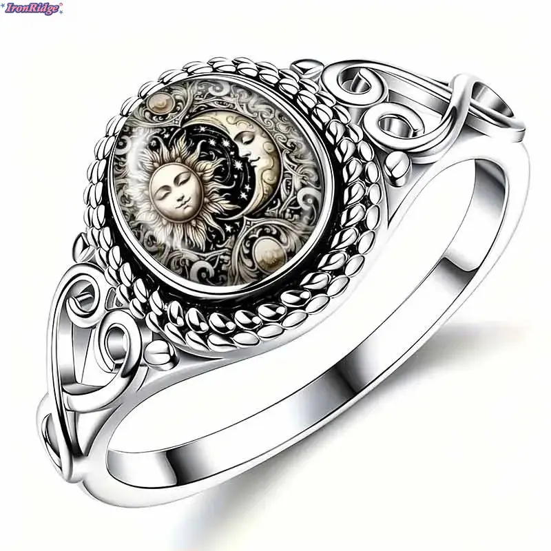 Vintage Sun‑And‑Moon Totem Carved Closed Band Ring for Women, Minimalist Literary‑Style Statement Jewelry, Smooth Versatile Solid‑Band Finger Ring for Daily All‑Match Casual Hairstyle & Everyday Outfit Styling