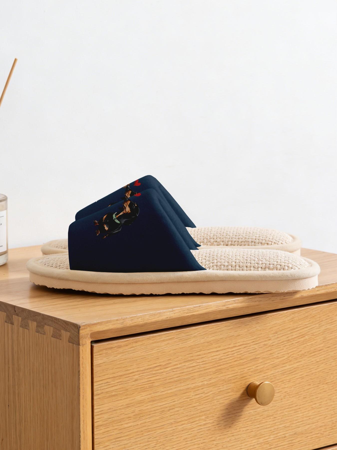 Cute Dachshund Couple Linen Slippers, Breathable Non-slip Casual Lightweight All Season House Shoes for Dog Lovers Women Men Family Daily Wear
