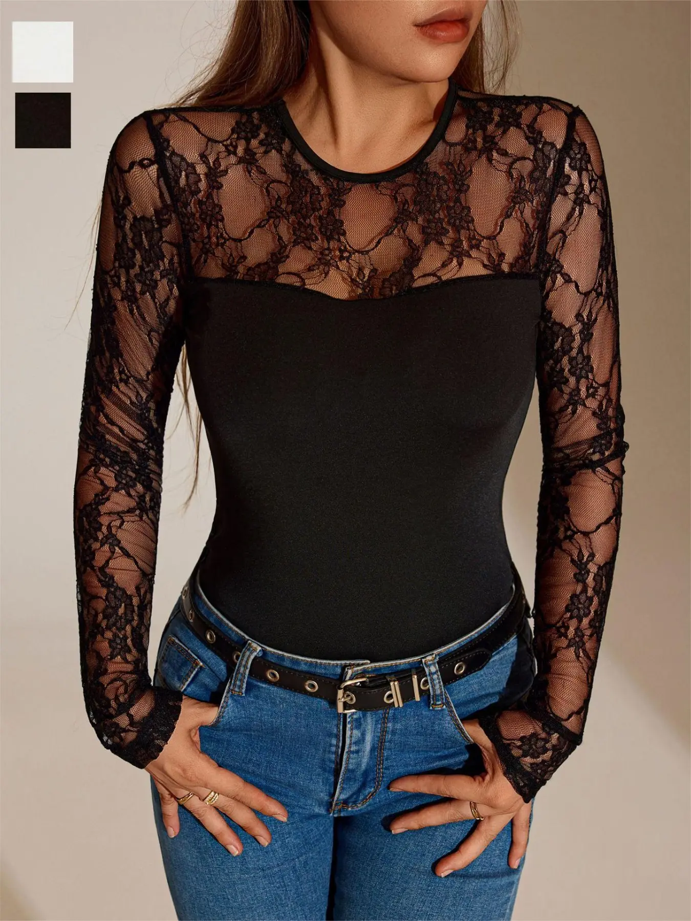 Women's Lace Knit Top, All-Season Versatile Dressing, Mesh Hollow Out Slim Fit Round Neck Long Sleeve Base Layer Shirt