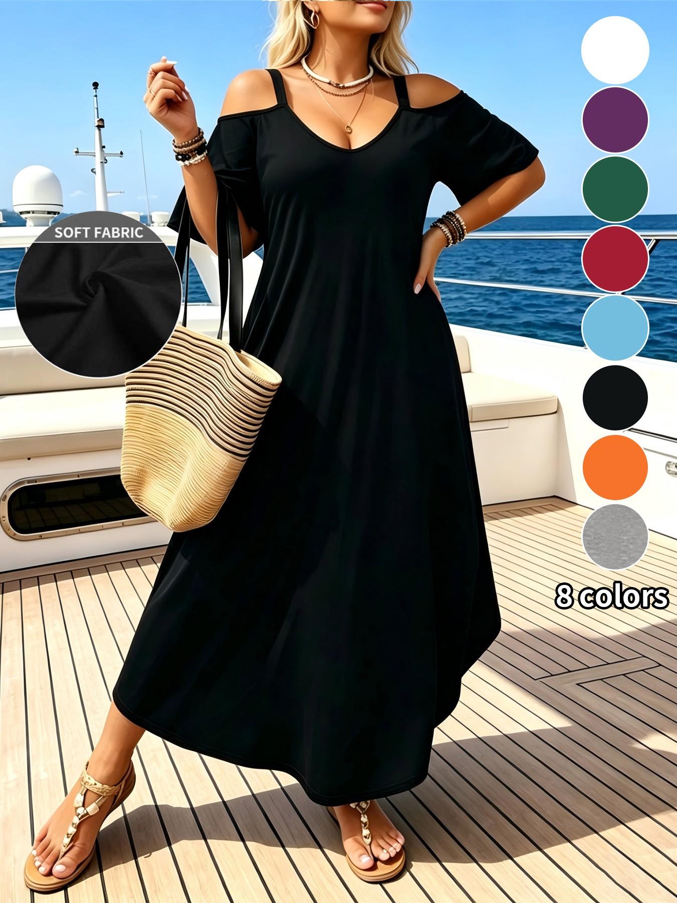 8 Color Options Plus Size Women's Summer Casual Chic Cold-Shoulder Short Sleeve A-Line Maxi Dress, Loose Fit V-Neck, Beach Vacation Essential, Casual Dresses