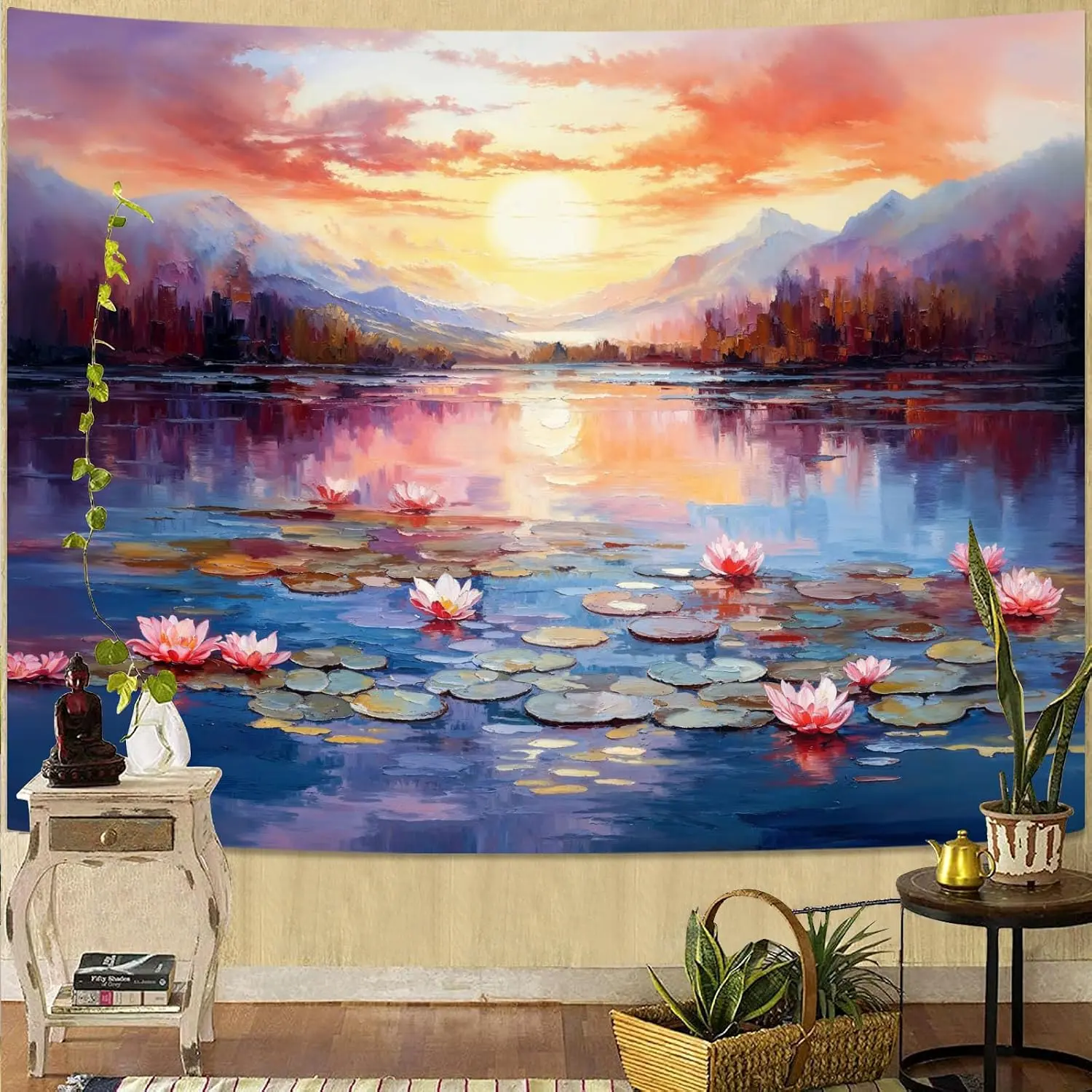 Landscape Tapestry, Scenery Art Wall Tapestries, Nature Wall Decor for Bedroom Living Room Backdrop Sunset Pond Lotus