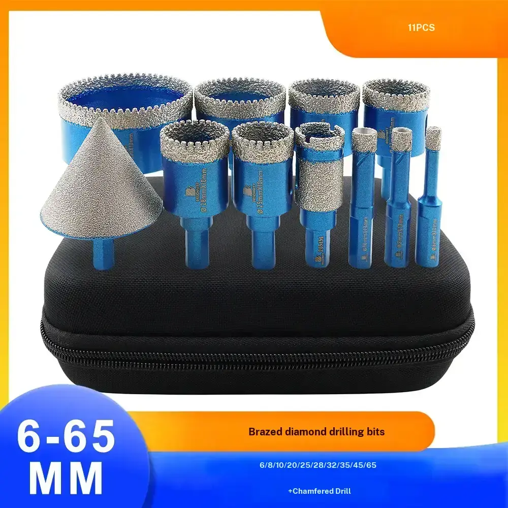 BRSCHNITT 11PCS Brazed Diamond Hole Saw Set with Drill Chuck, 10mm Wet/Dry Water Cooling Drilling Bits for Ceramic Tile, Bathroom Tile, Granite, Father's Day Gift (Power Tool Accessory)