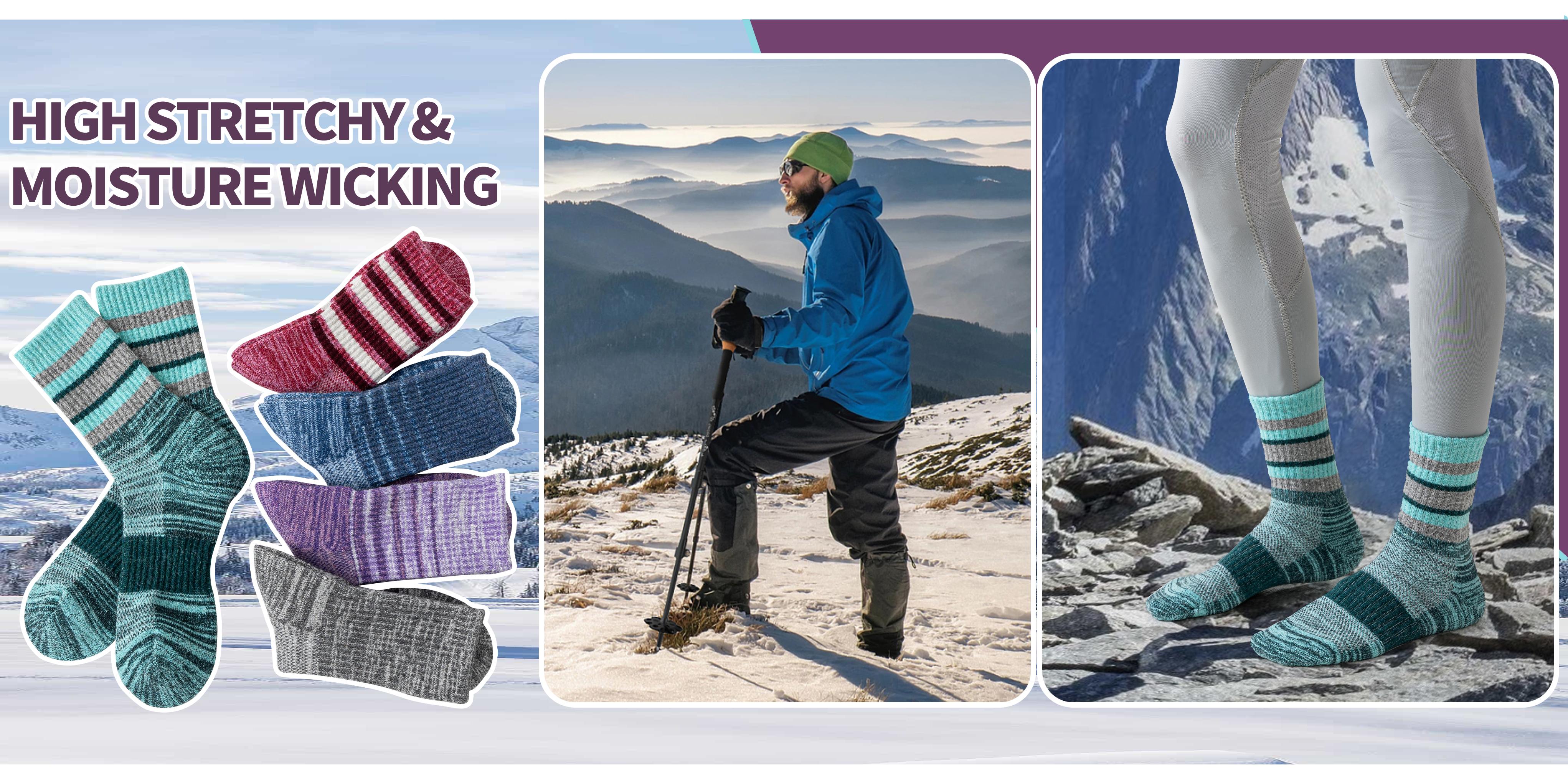 5 Pairs Merino Wool Hiking Socks For Women & Man Compression Support Sweat Absorbing Breathable Thick Cushion Work Socks Festival Gift Socks Striped Menswear