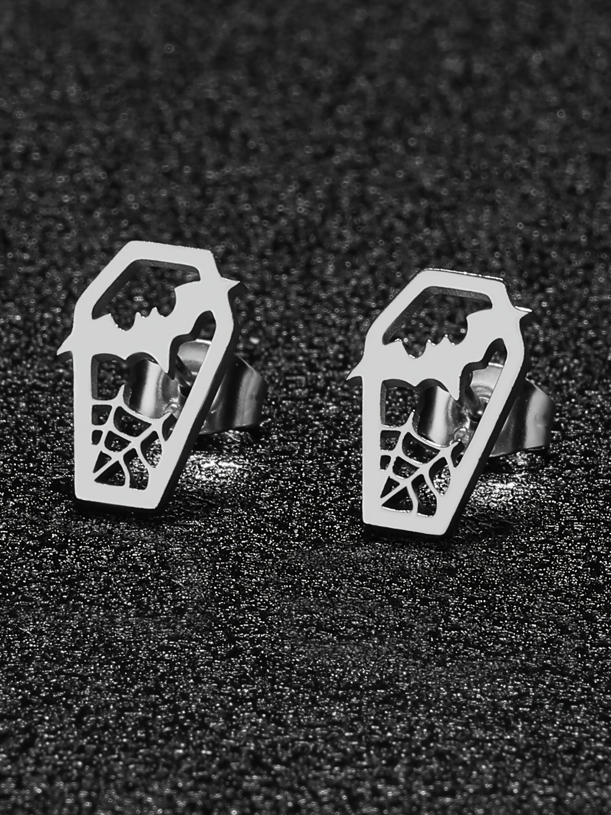 Unisex Silver Stainless Steel Gothic Bat-Coffin Stud Earrings - Witchy Spooky Jewelry, 1 Size, Lightweight Hypoallergenic, Fashionable Jewelry Accessories, Coffin Shape Halloween Fashion Accessory
