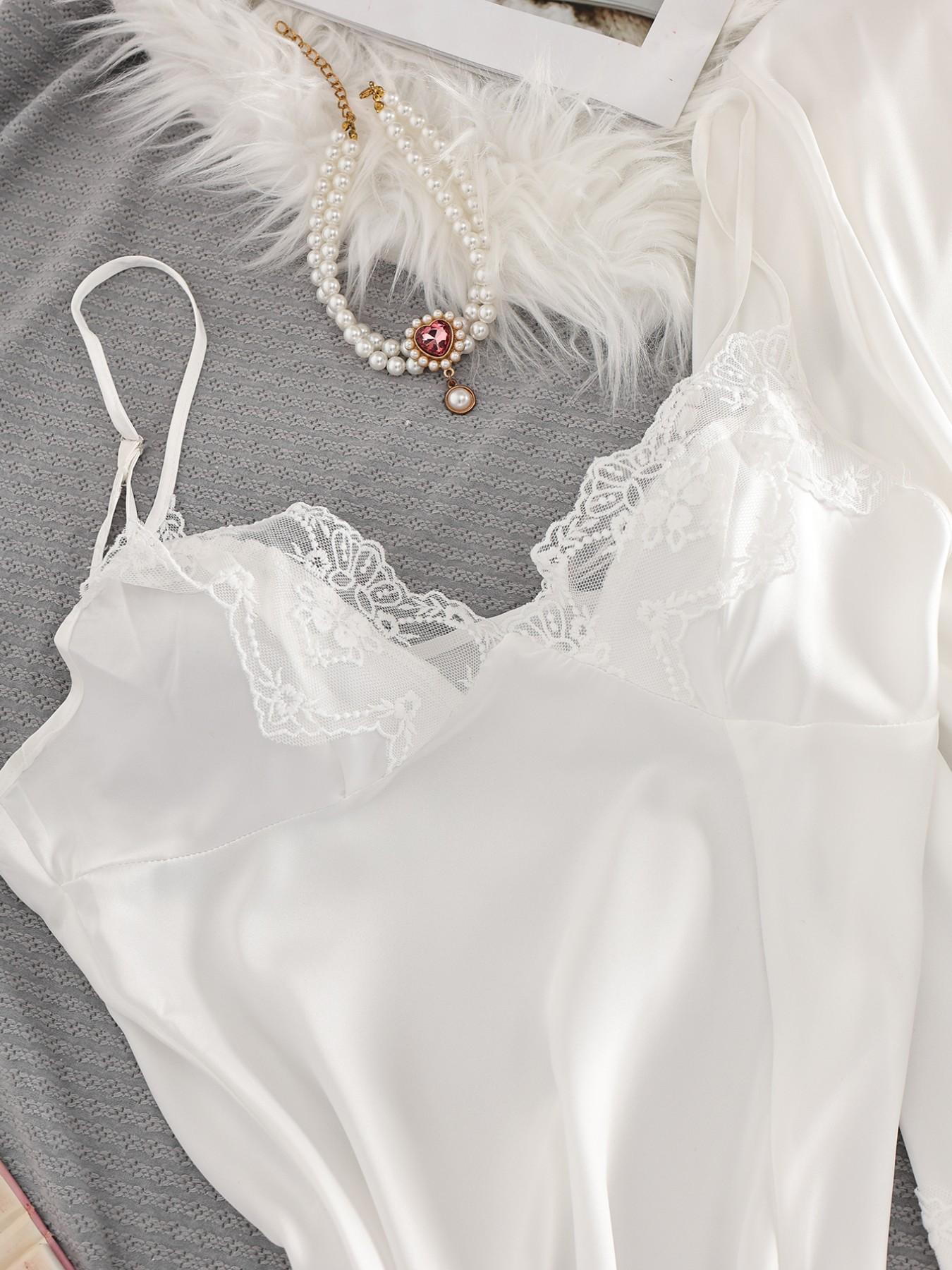 Women's Lace Patchwork Sleepwear Set, Soft Smooth Fabric, Long Sleeve Robe with Tie, Elegant Bedroom Wear, Perfect Gift for Valentine's Day