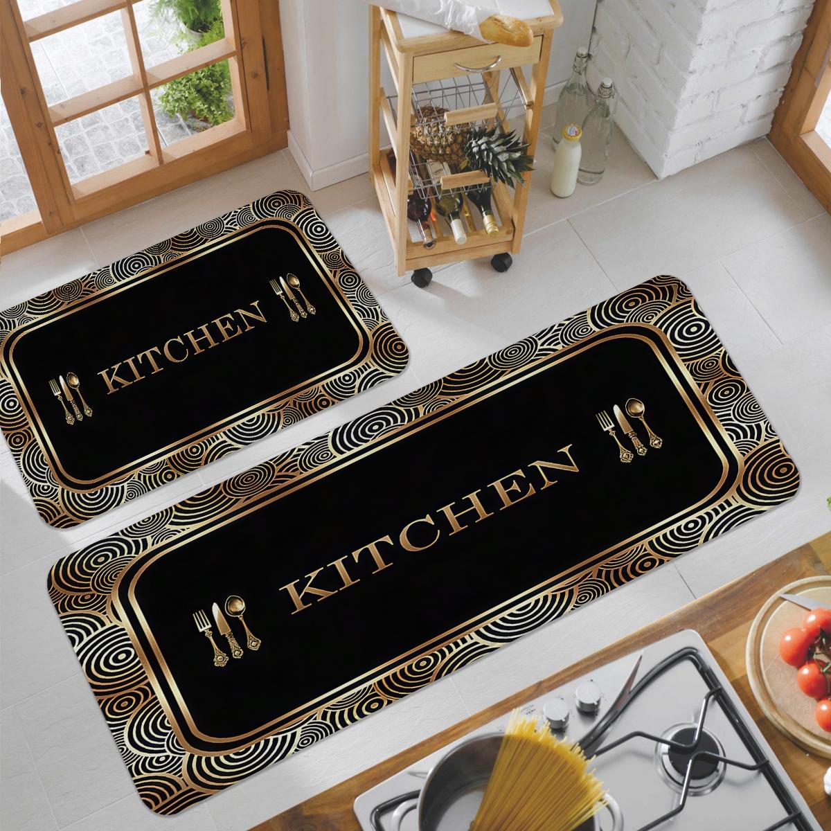 kitchen anti slip carpet floor, black gold geometric texture design printed kitchen floor, soft and comfortable flannel anti slip washable kitchen floor, suitable for kitchen, dining room, room decoration floor, Kitchen Area Rug