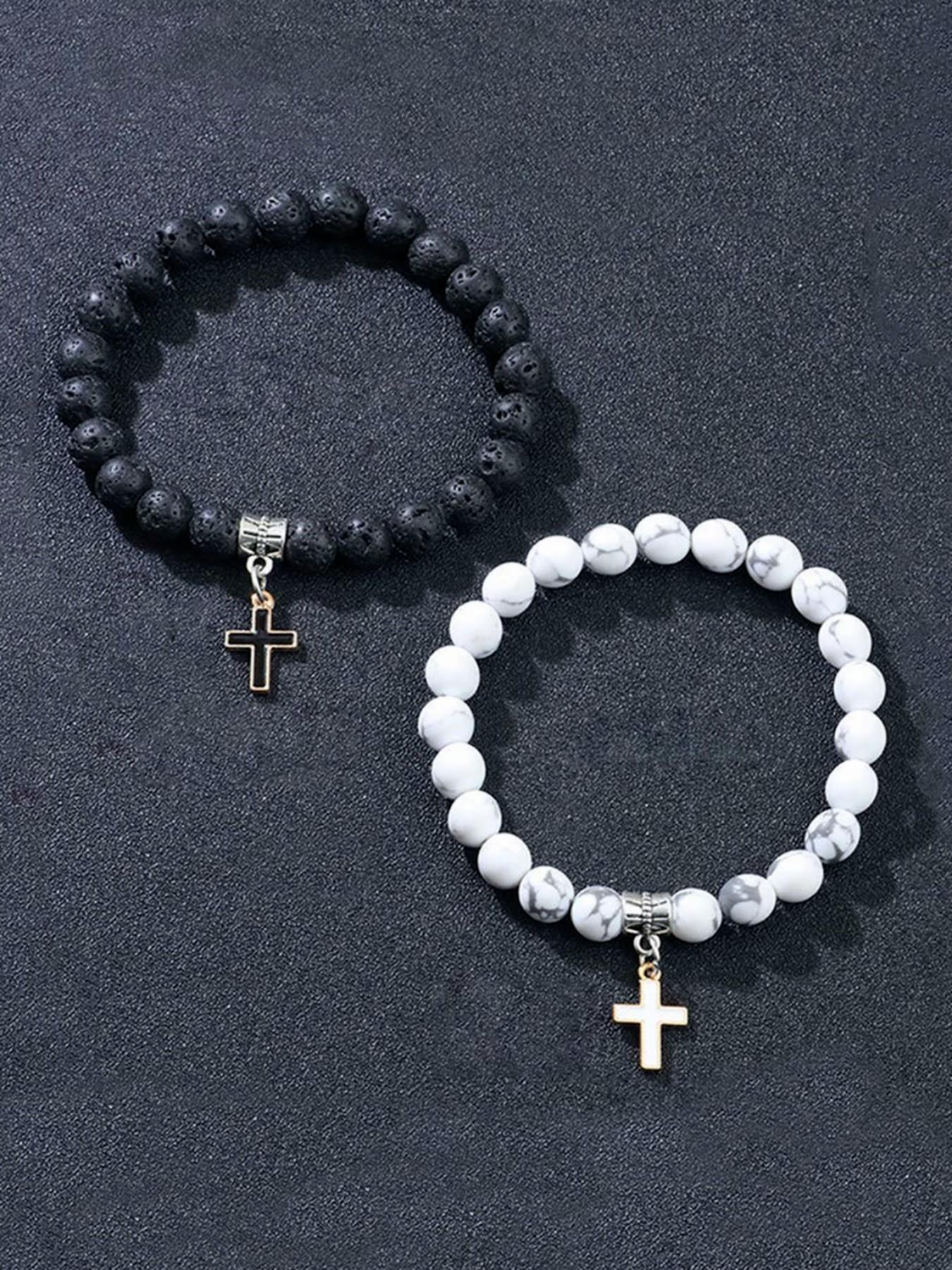 Men's Watch & Bracelet & Pendant Necklace Set,Stone & Cross Charm Decor Beaded Set, Stackable Bracelets, Fashionable Jewelry for Women & Men, Trendy All-match & Exquisite Jewelry for Birthday Gift