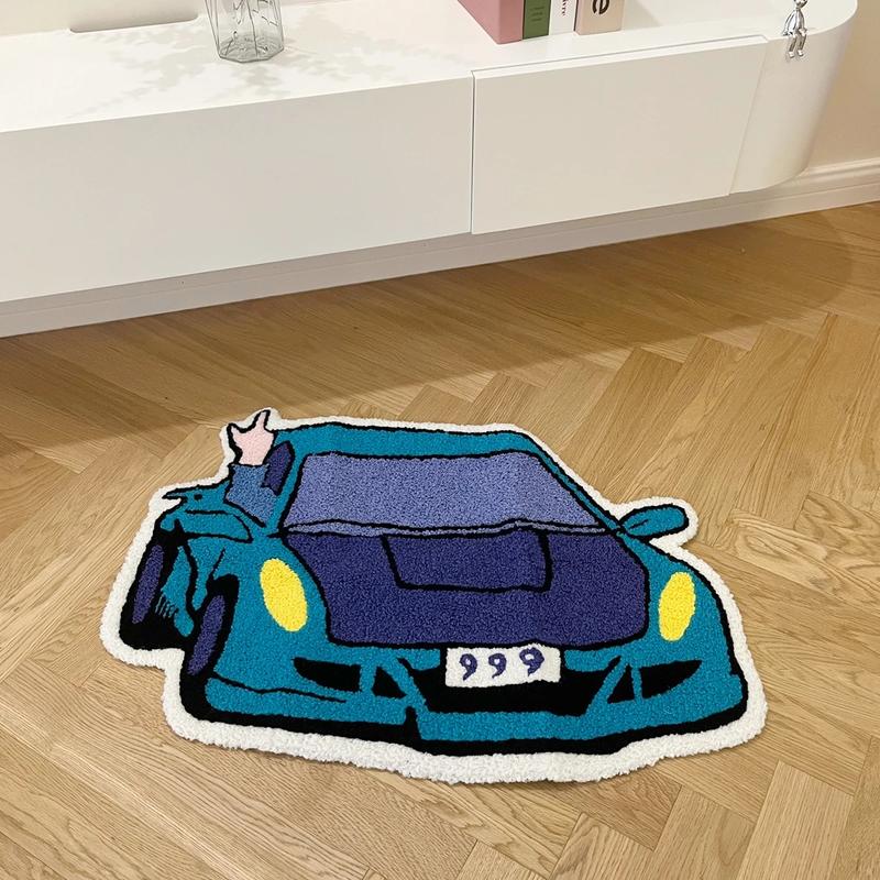 High-Density Tufted Carpet with Tpr Anti-Slip Bottom, Cool Blue Car Design, Soft Skin-Friendly, Easy to Clean, Retro Home Decor