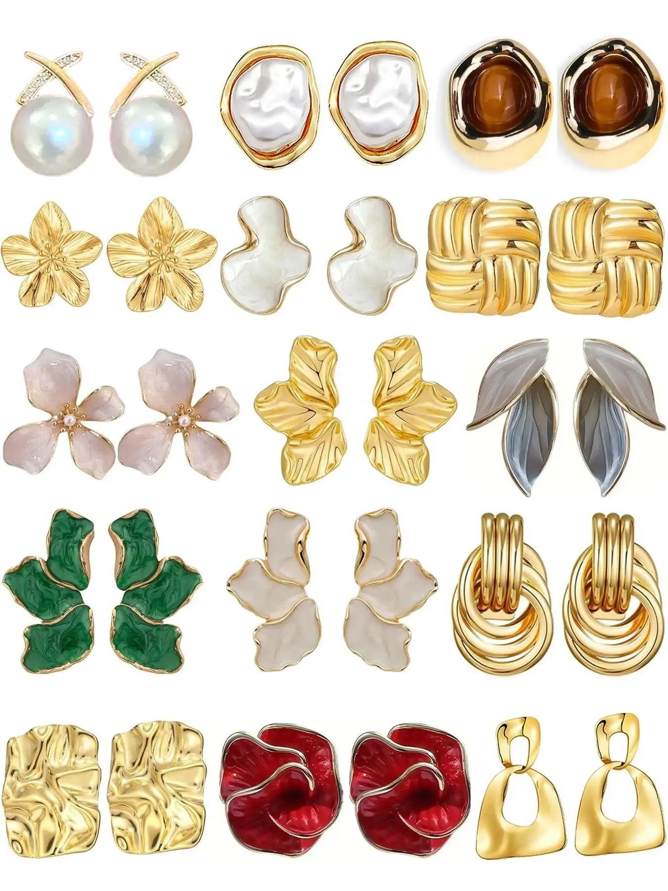 Women's Stylish Gold-Plated Pearl Embellished Earrings Set, Stylish Jewelry, Hypoallergenic Studs & Dangles, Ideal Gift for Her, 15 Pair Collection, Earring Stacking Set, Hypoallergenic Earrings Pack