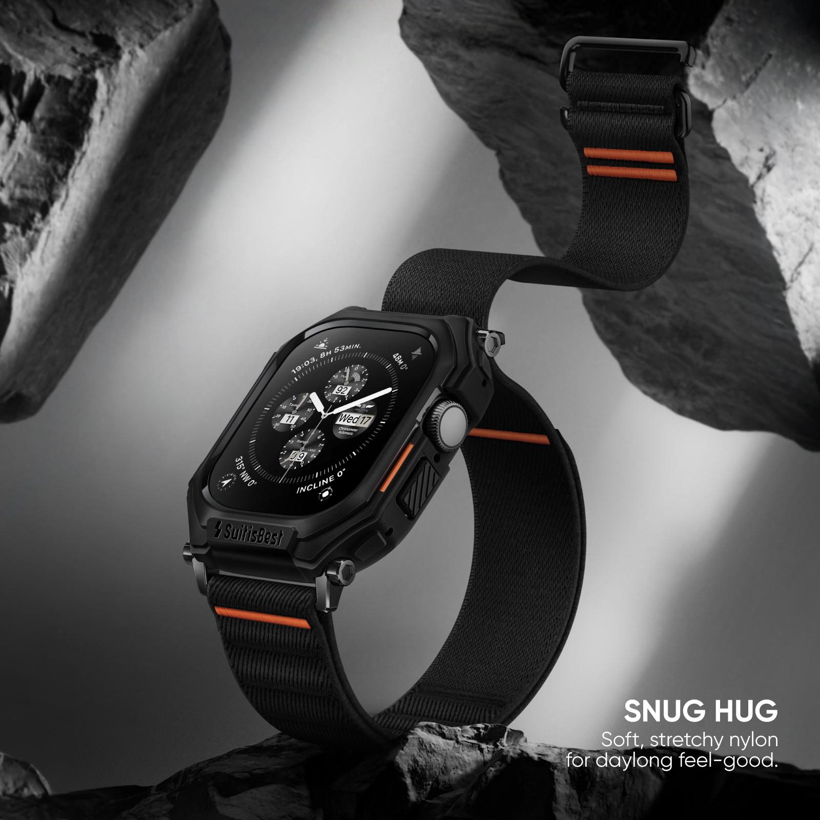 2-in-1 Case with Band for Apple Watch Ultra 49mm 46mm 45mm 44mm, Stretchy Nylon Solo Loop with Protective Cover TPU Bumper for iWatch Ultra Series 11 10 9 8 7 6 5 4 SE