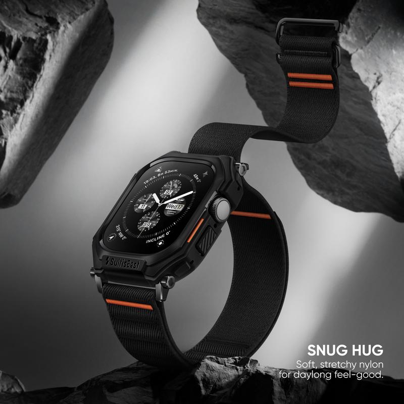 2-in-1 Case with Band for Apple Watch Ultra 49mm 46mm 45mm 44mm, Stretchy Nylon Solo Loop with Protective Cover TPU Bumper for iWatch Ultra Series 11 10 9 8 7 6 5 4 SE