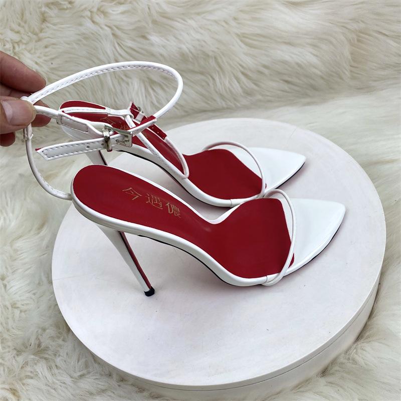 2026 New Minimalist Line Curved Straight Strap 10cm Ultra High Heel Sandals Sexy Wristband Large Size Thin Heel 10cm Red Bottom Women Girl