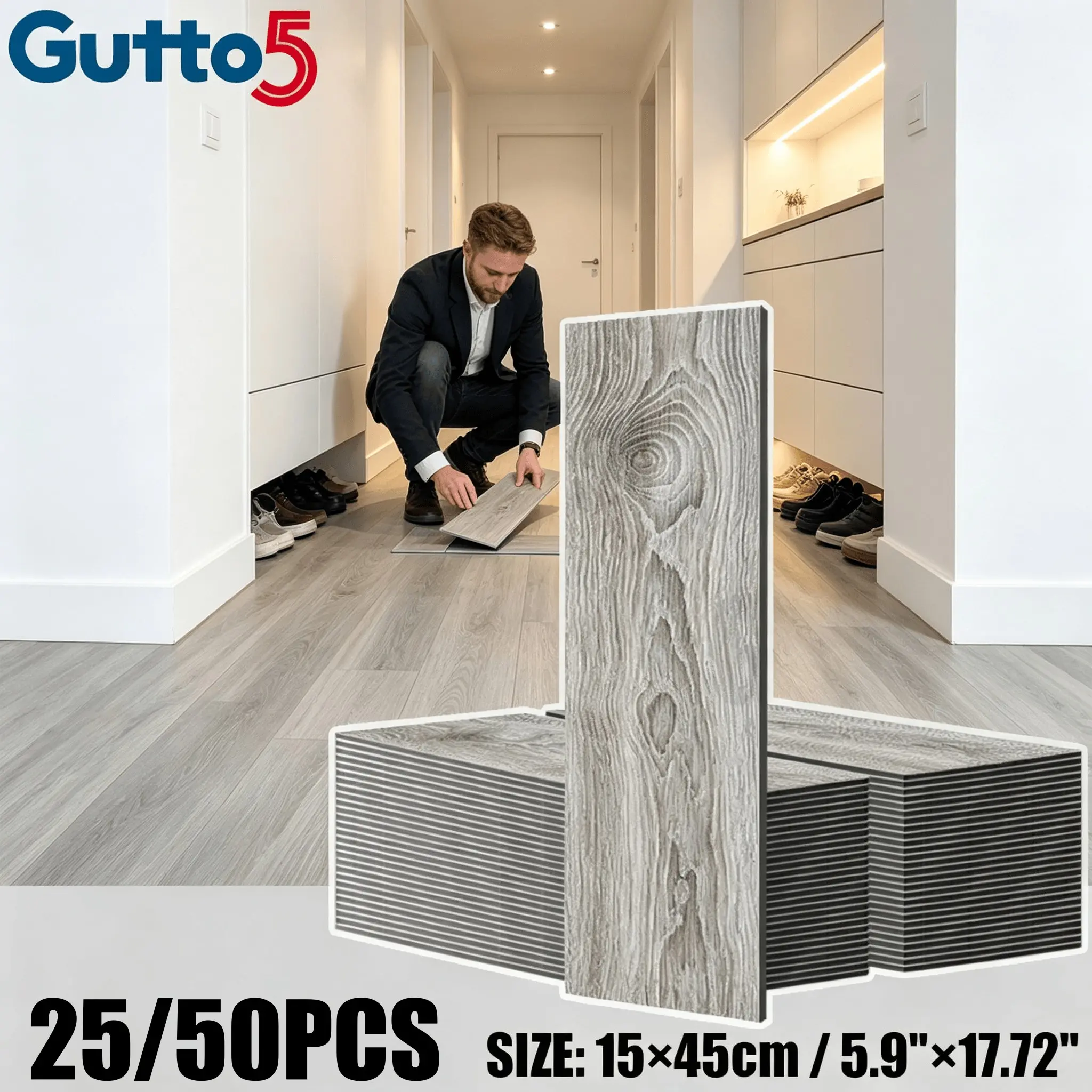 Waterproof Peel-And-Stick Vinyl Floor Tiles, Thick Self-Adhesive Wood Grain Pattern, Non-Slip, DIY Removable, No Glue Needed, Bathroom & Living Room