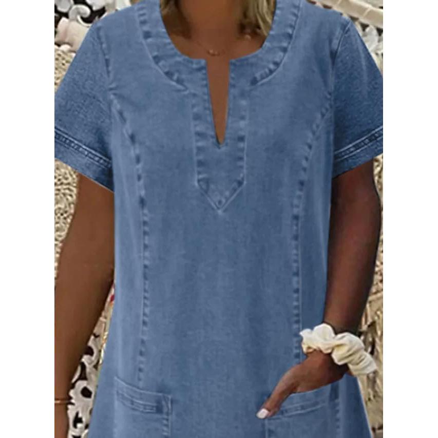 CHARTOU women's summer V-neck denim dress, loose denim short sleeved dress with pockets CHARTOU women's summer V-neck denim dress, loose denim short sleeved dress with pockets