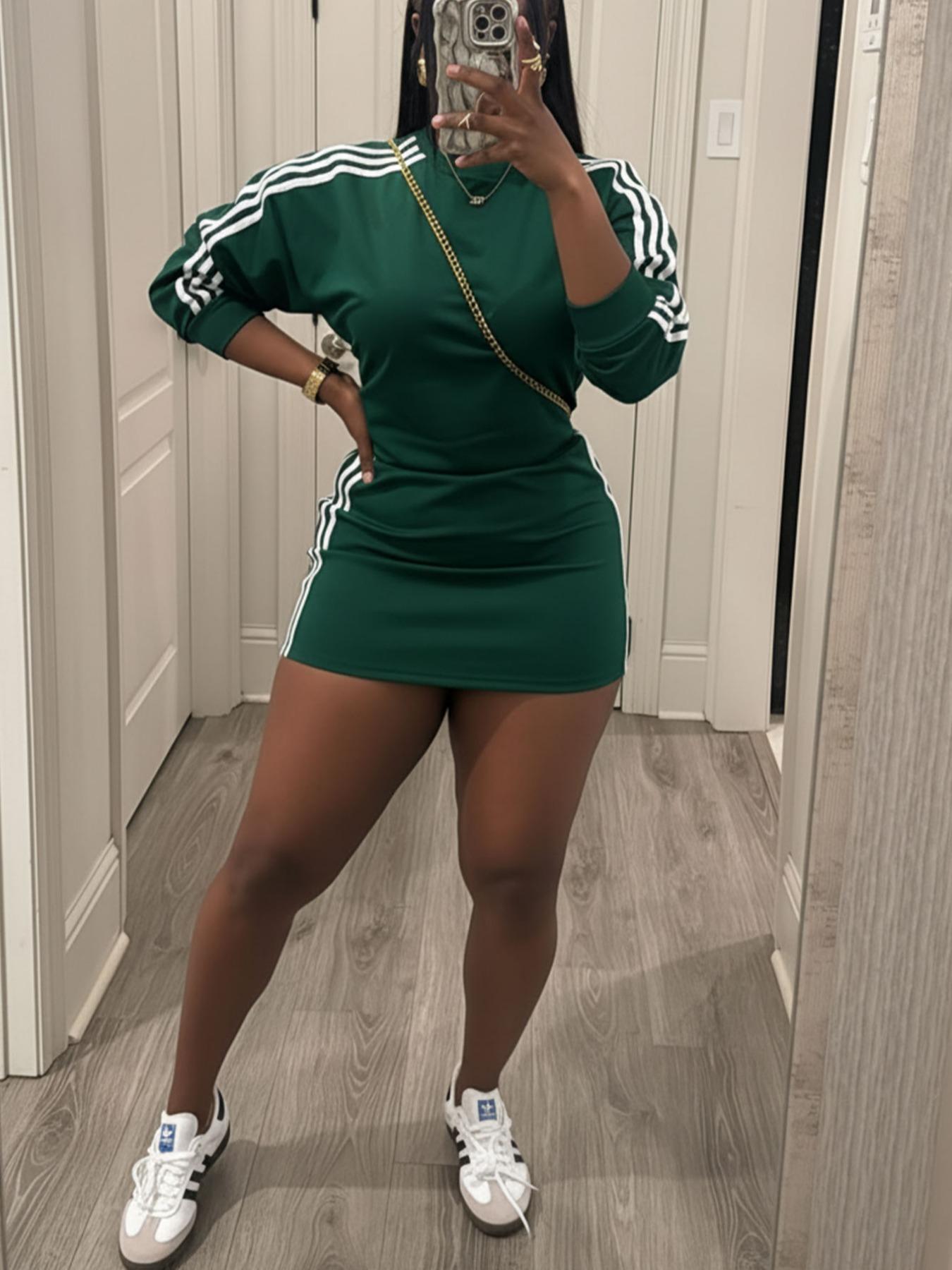 Women's Sporty Fitted Short Dress Set, Sportswear Set, Long Sleeve Slim Fit Casual Two-Piece, Trendy Comfortable Clothing for Everyday Wear