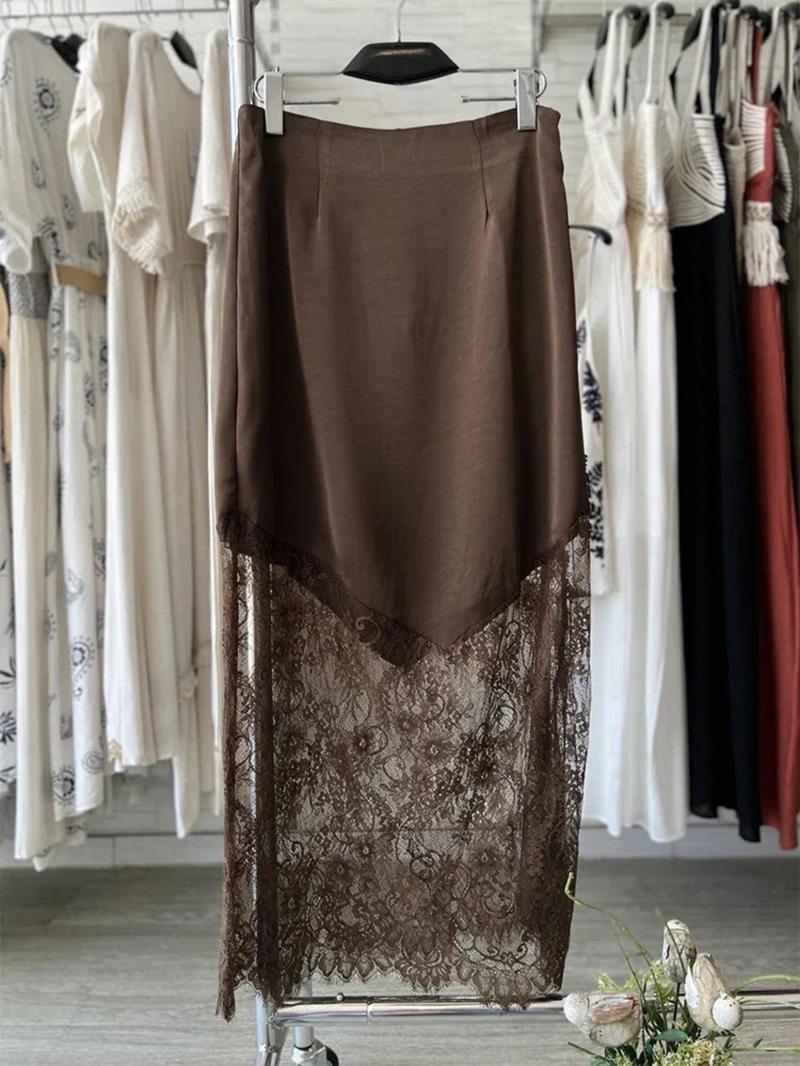 Elegant Solid Color Woven Fabric Lace Patchwork High Waist Midi Skirt, Daily Commute Fitted Skirt, Spring & Fall Fashion