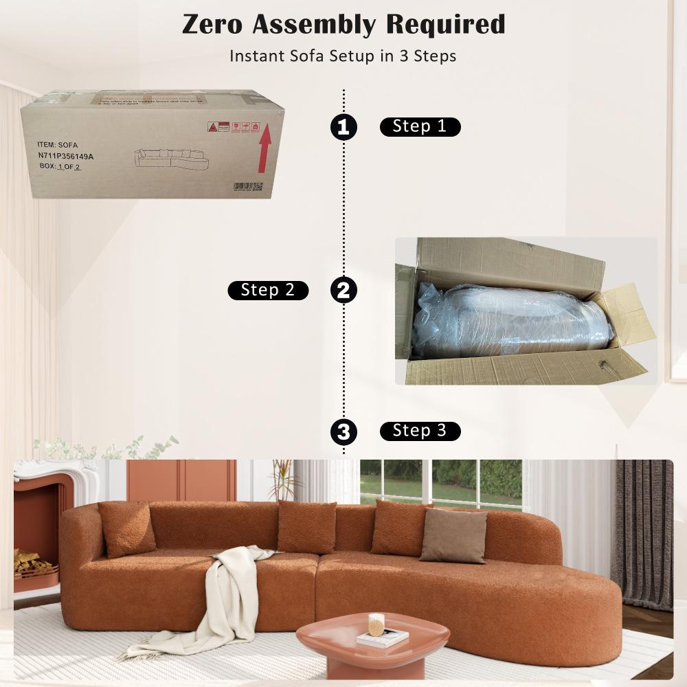 132" Modern Curved Boneless Sectional Sofa Set - 2-Piece Chenille Sturdy Pre-Assembled Couch, Dual-Seater Combo with 4 Pillows, Plush Sponge-Spring Cushions, Spot Clean for Living Room