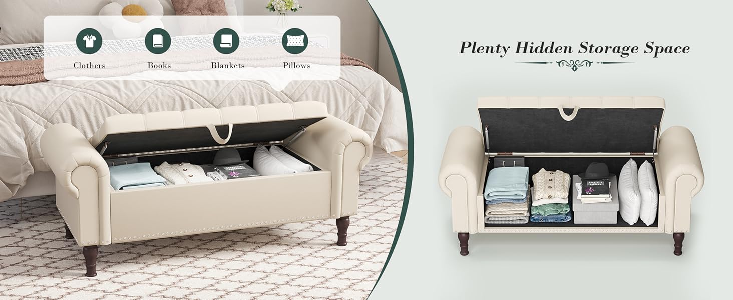 YOUDENOVA Storage Ottoman Bench for Bedroom 51/60" Queen/King Size Storage Bench with Button, Upholstered Bedroom Bench with Rolled Arms for Living Room, Storage Room, Entryway Modern Furniture Spring Greenish