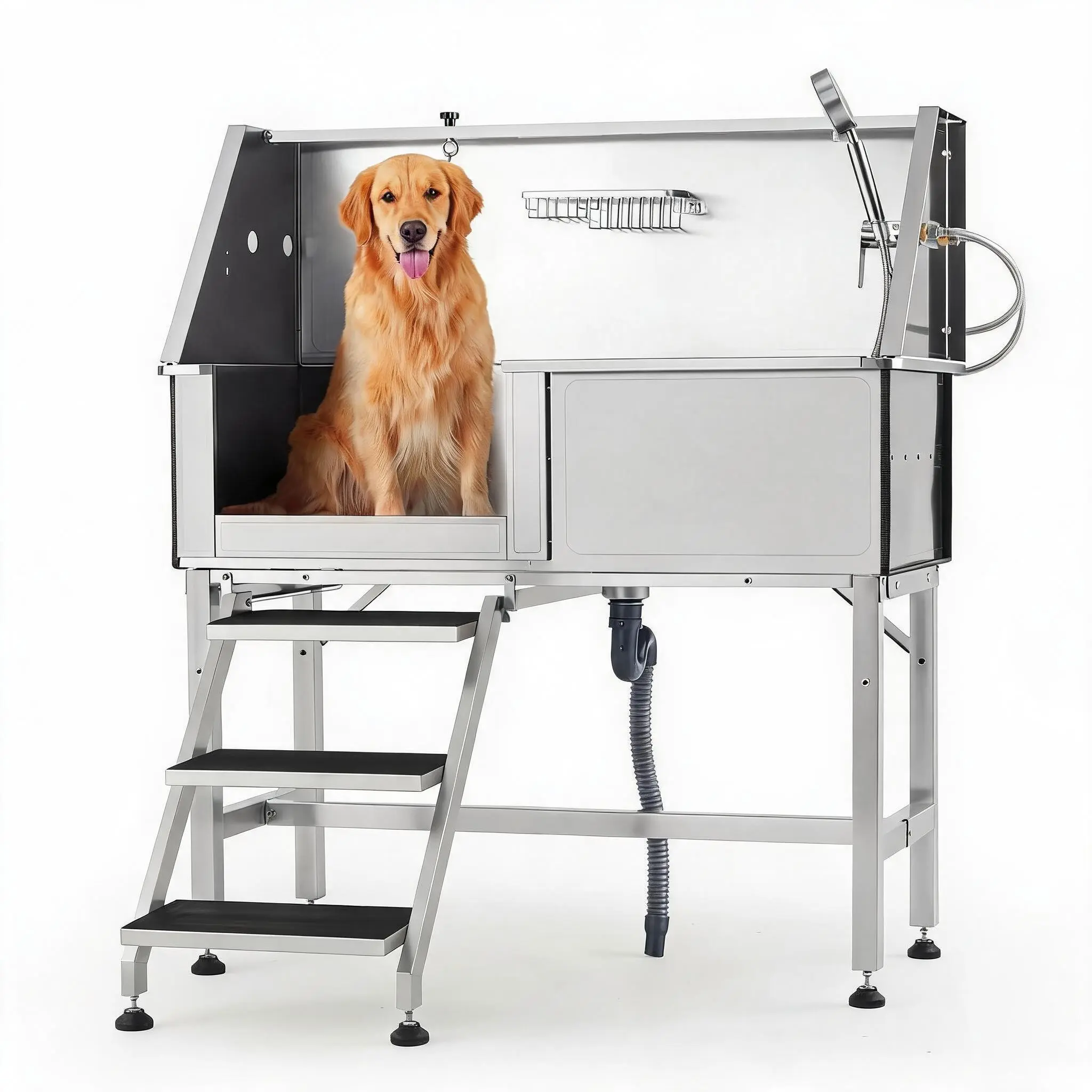 46" Stainless Steel Dog Wash Station - Heavy-Duty Pet Grooming Bathtub with Access Stairs, Right-Door Professional Pet Grooming Solution