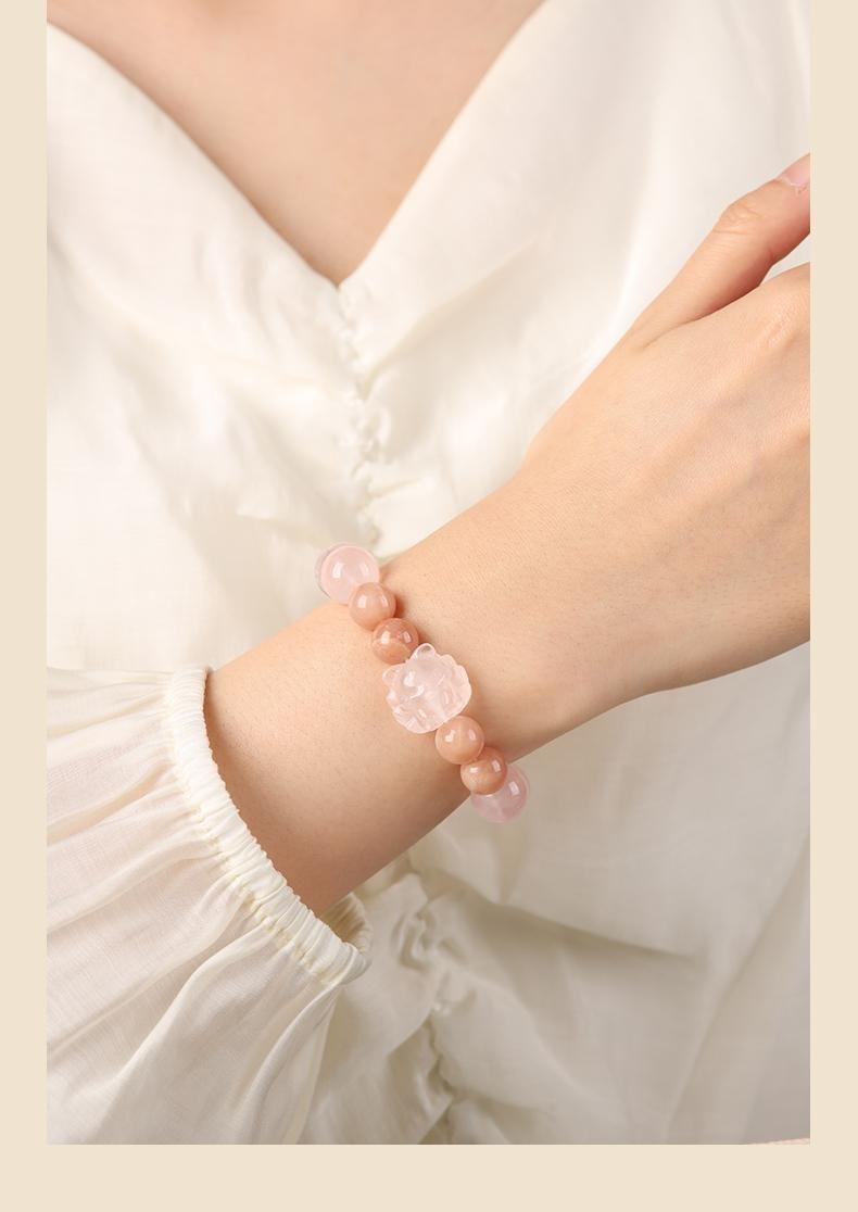 [Love Fortune] crystal bracelet, rose quartz white crystal sunstone pink quartz carving, unisex, daily wear gift, 10mm beads natural stone, love romance luck symbol