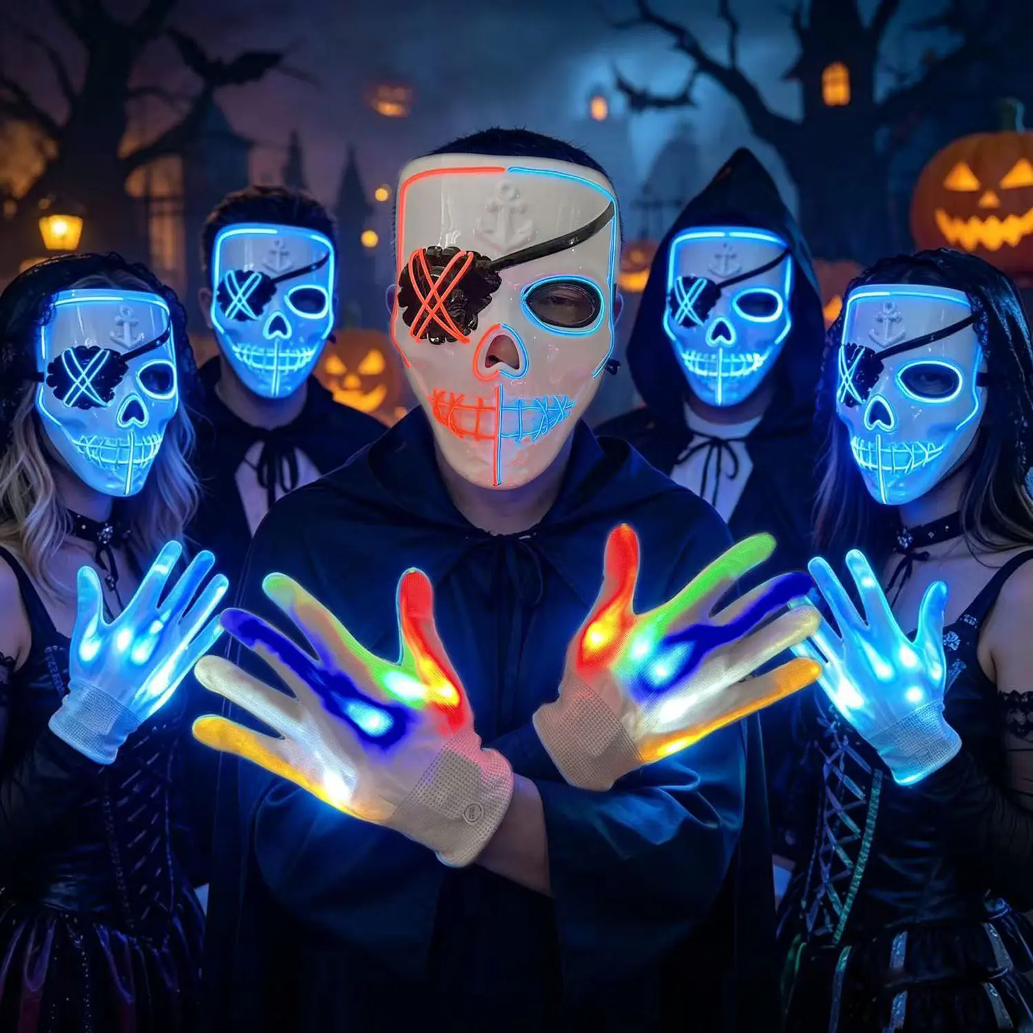 2026 Halloween Glowing Skeleton Mask + Gloves Set, Neon Blue Pirate Skull LED Mask with Lighted Hand Gloves, Cosplay Wear for Adults, Halloween Party Carnival Masquerade Accessories, Requires 2 AA Batteries (Batteries Excluded)